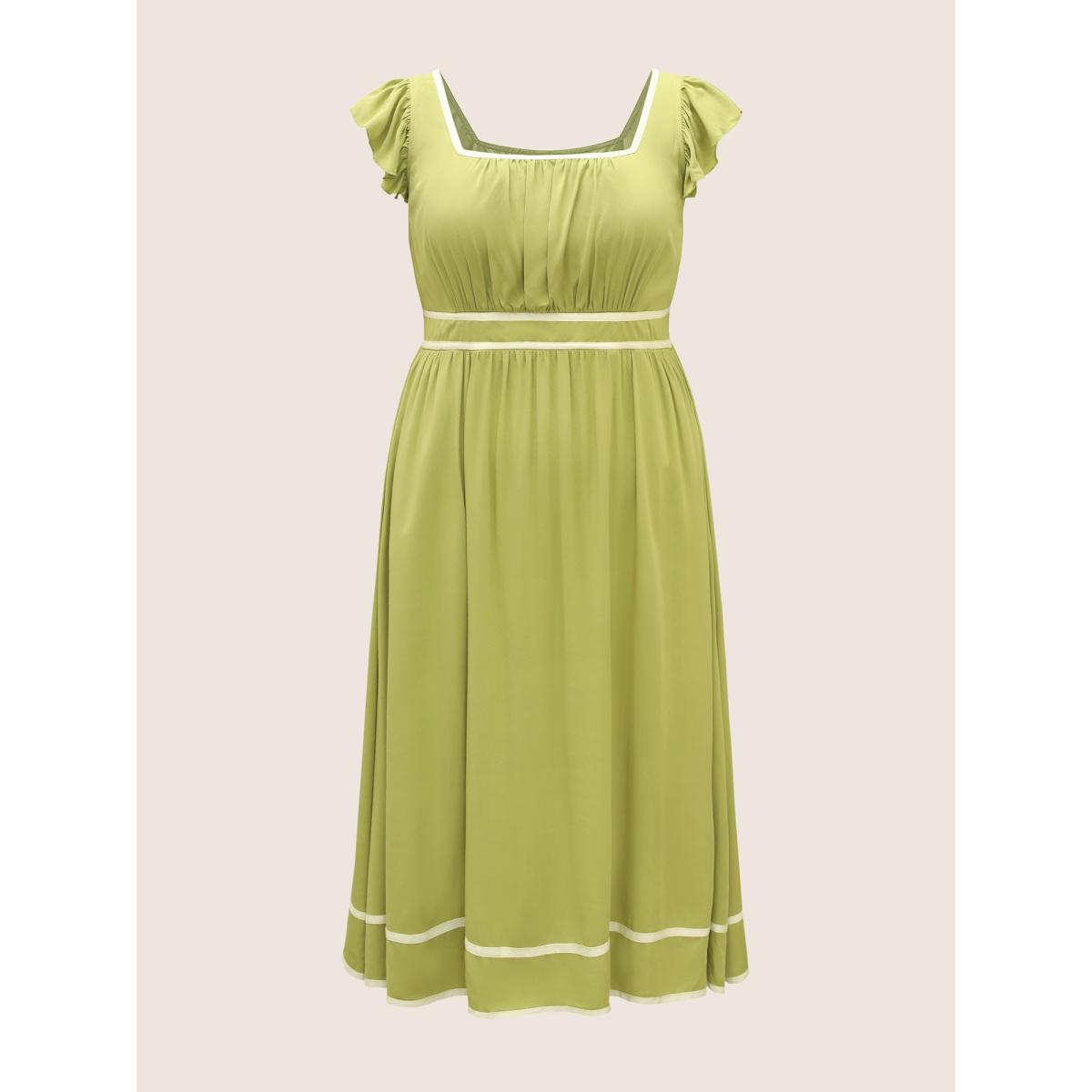 Plus Size Contrast Webbing Ruffle Cap Sleeve Dress LightGreen Women Resort Gathered Square Neck Cap Sleeve Curvy BloomChic 26/4X Product Image