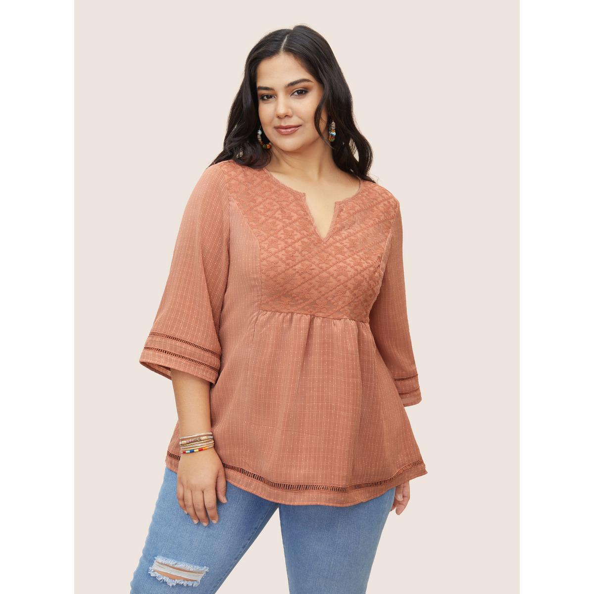 Plus Size Coral Solid Notched Lace Panel Bell Sleeve Blouse Women Resort Elbow-length sleeve Flat collar with V-notch Vacation Blouses BloomChic 26/4X Product Image