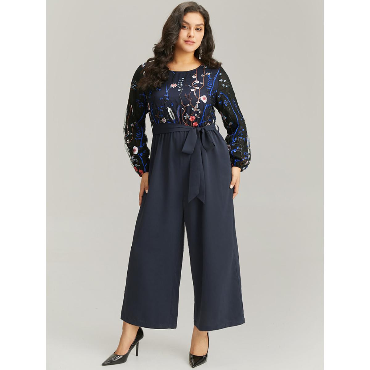 Plus Size Indigo Halloween Floral Embroidered Belted Lantern Sleeve Jumpsuit Women Glamour Long Sleeve Round Neck Festival-Halloween Loose Jumpsuits BloomChic 26/4X Product Image
