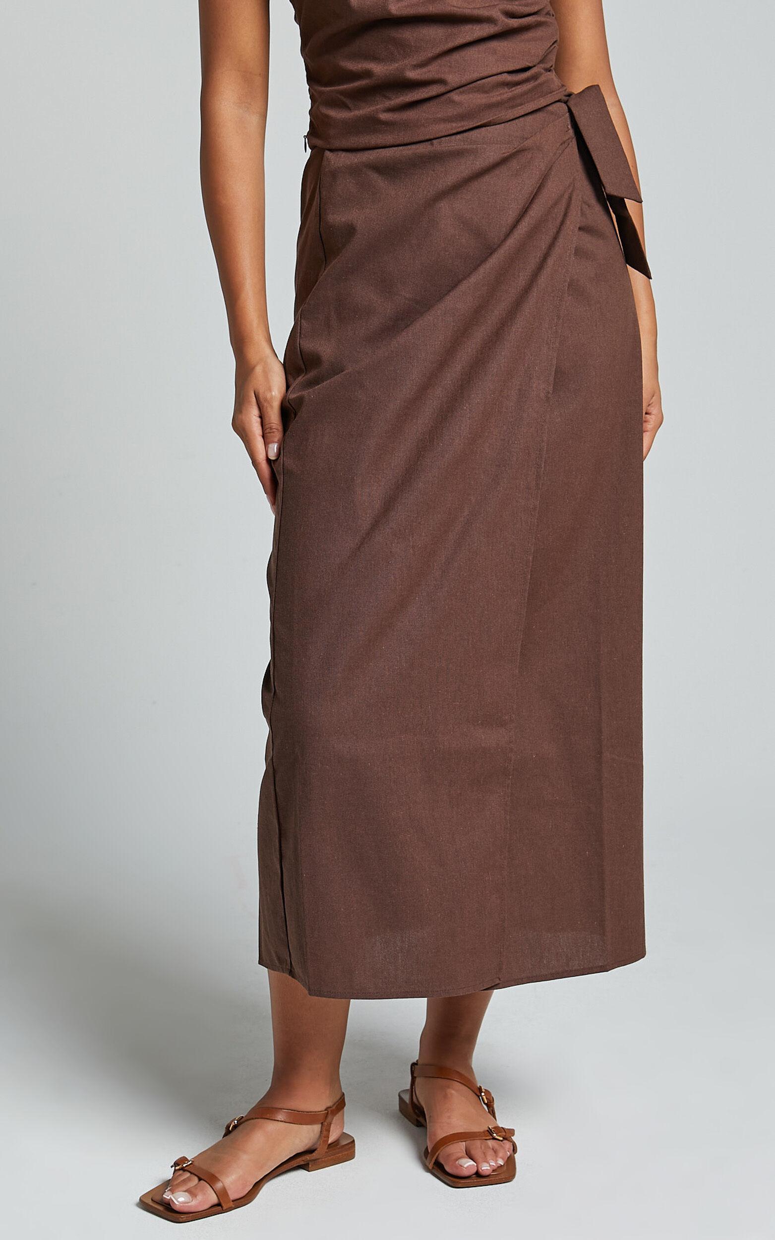 Genna Midi Skirt - Linen Look Wrap Skirt in Chocolate Product Image