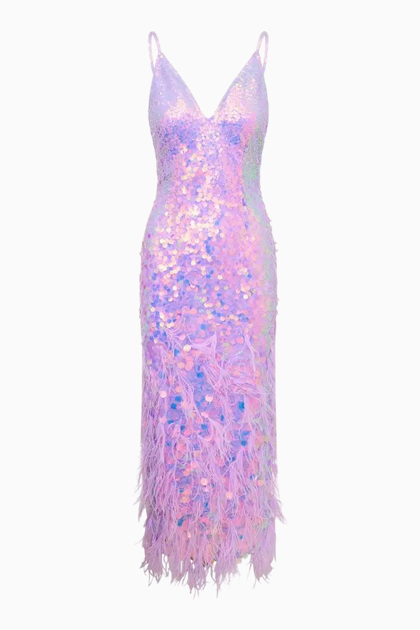 Miriana Iridescent Midi Dress With Feathers Product Image
