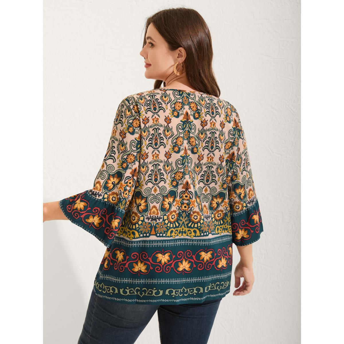Plus Size Multicolor Boho Print Lace Up Bell Sleeve Blouse Women Boho Half Sleeve V-neck Vacation Blouses BloomChic 12/L Product Image