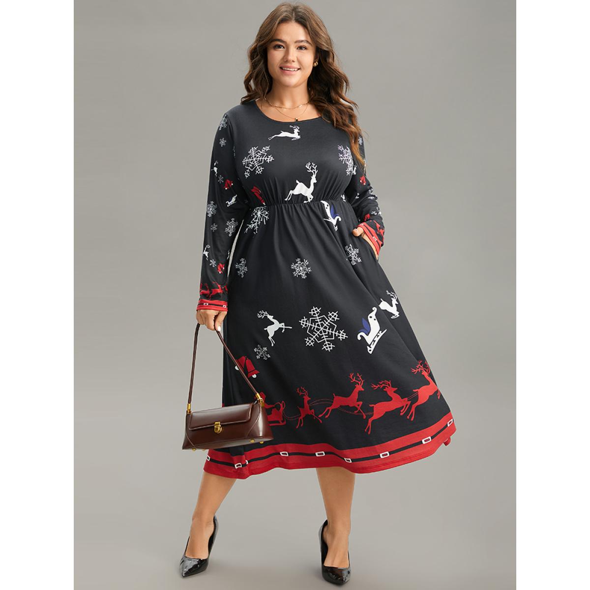 Plus Size Christmas Elk Print Contrast Elastic Waist Dress Black Women Office Printed Round Neck Long Sleeve Curvy Midi Dress BloomChic 26/4X Product Image
