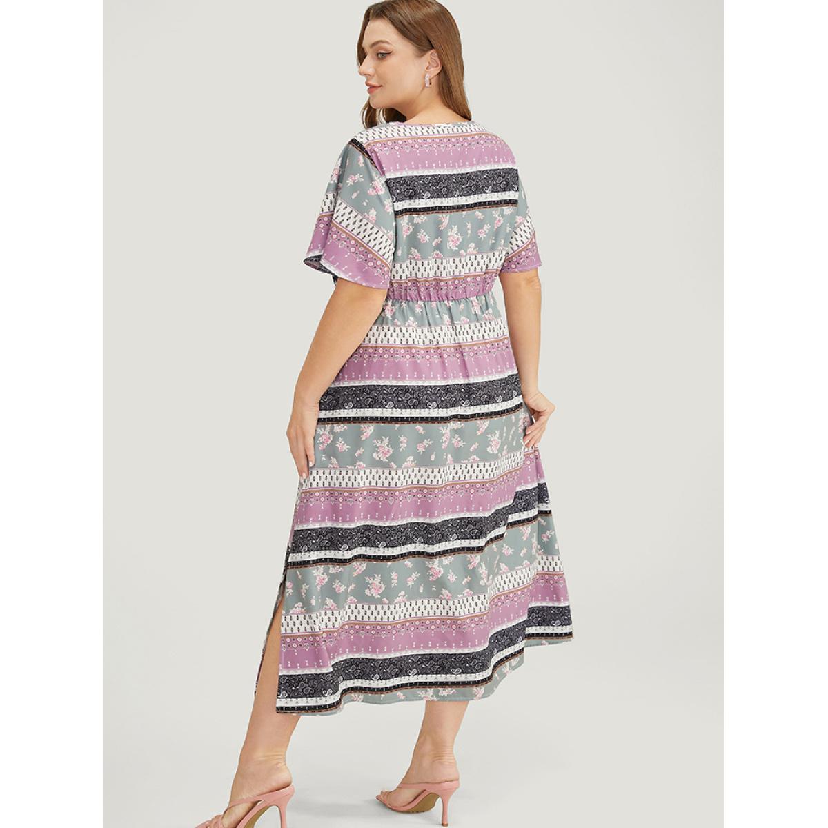 Plus Size Bandana Print Cut Out Tie Neck Pocket Shirred Striped Dress Multicolor Women Elegant Printed Keyhole Cut-Out Short sleeve Curvy Midi Dress BloomChic 10/M Product Image