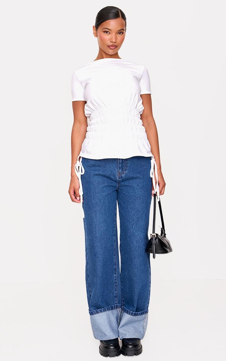 White Shirred Cap Sleeve T-shirt Product Image