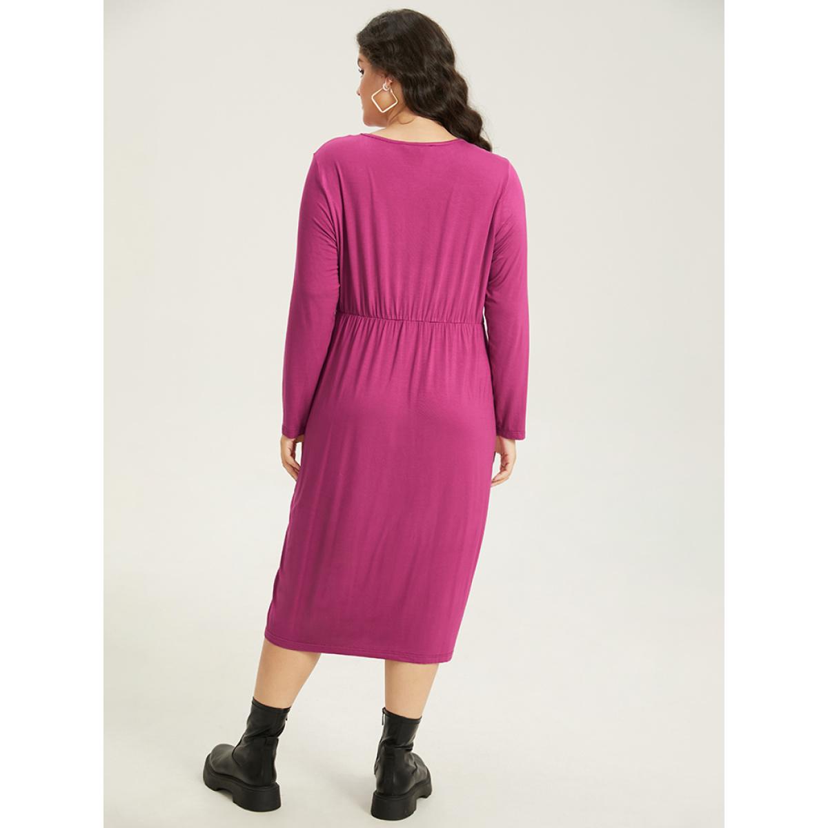 Plus Size Solid Pocket V Neck Plicated Detail Dress RedViolet Women Casual Plain V-neck Long Sleeve Curvy Midi Dress BloomChic 10/M Product Image