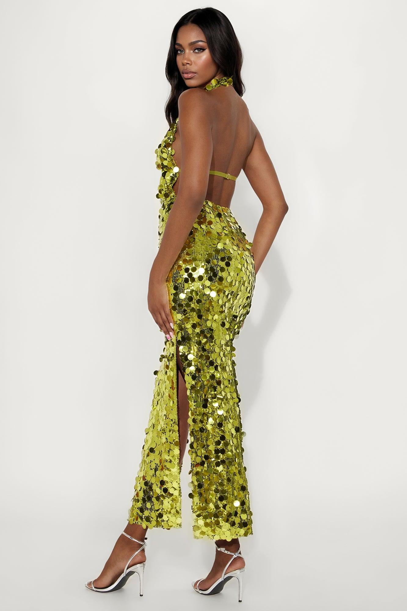 Sophia Sequin Halter Gown - Chartreuse Female Product Image