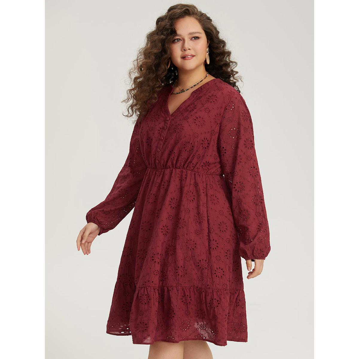 Plus Size Plain Geometric Eyelet Notched Lantern Sleeve Dress Burgundy Women Vacation Elastic cuffs Notched collar Long Sleeve Curvy Midi Dress BloomChic 18-20/2X Product Image