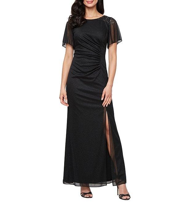 Ignite Evenings Short Sleeve Round Neck Front Slit Glitter Jersey Dress Product Image