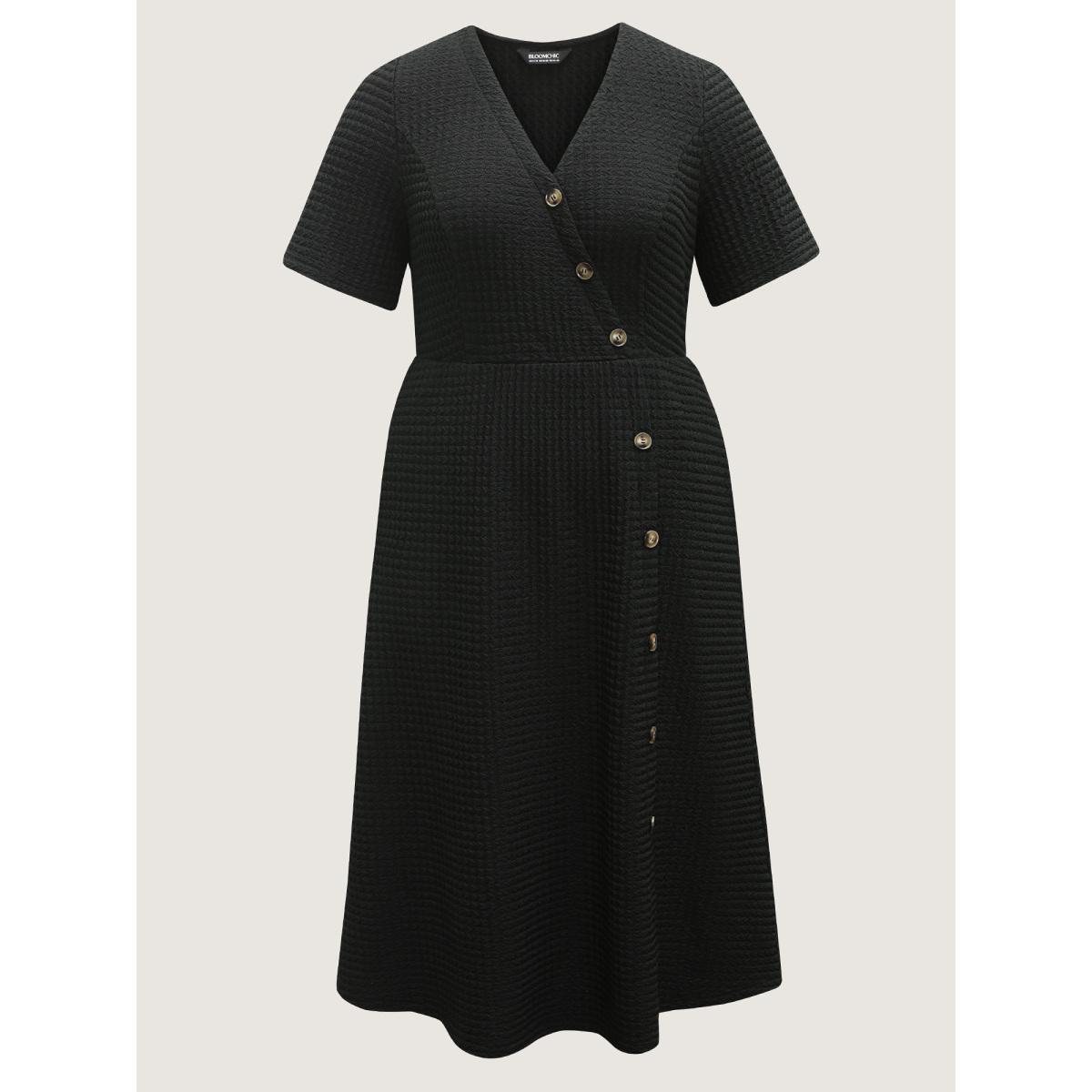 Plus Size Textured Wrap Button Placket Midi Dress Black Women V-neck Short sleeve Curvy BloomChic 28/5X Product Image