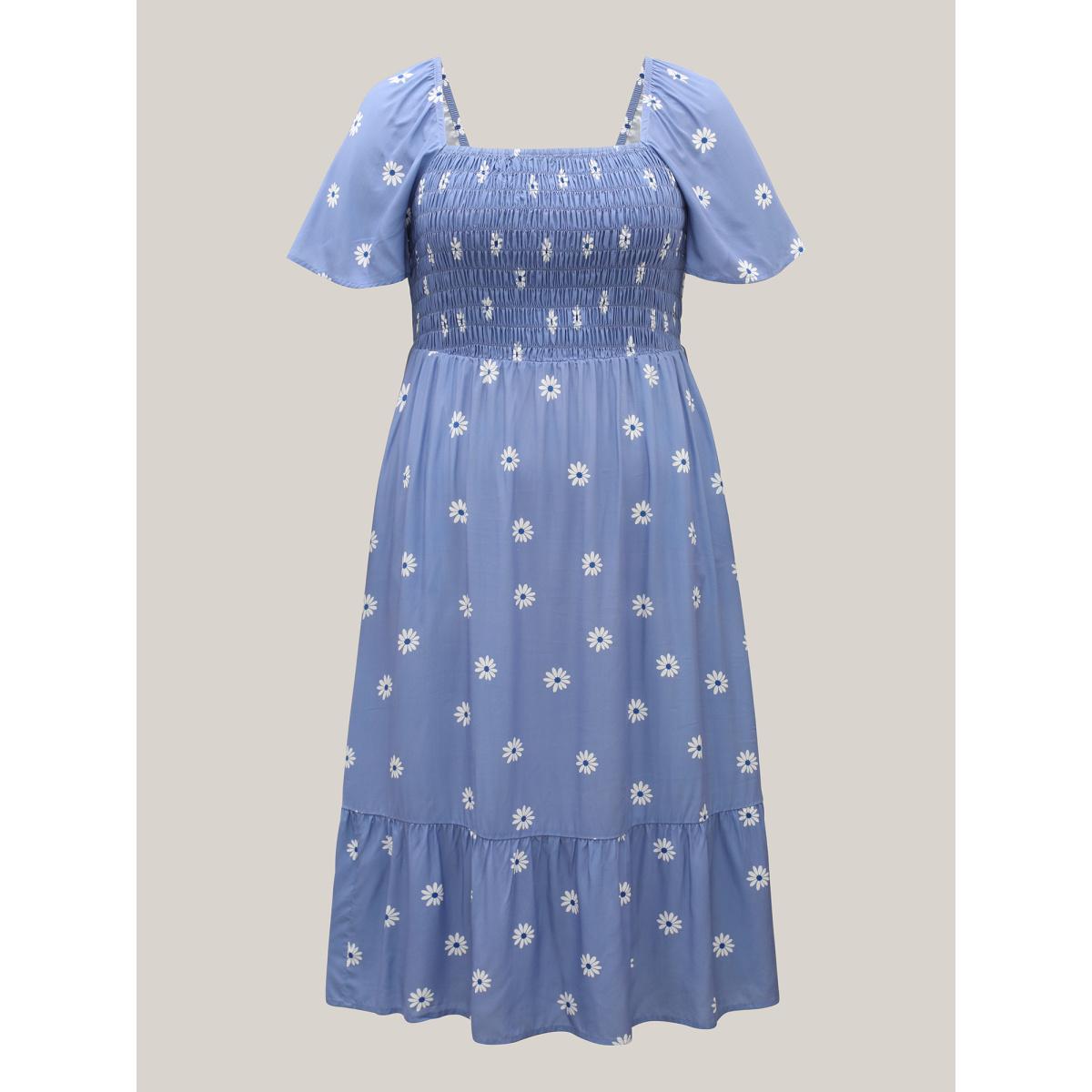 Plus Size Rayon Floral Shirred Midi Dress Mediumblue Women Boho Square Neck Short sleeve Curvy BloomChic 26/4X Product Image