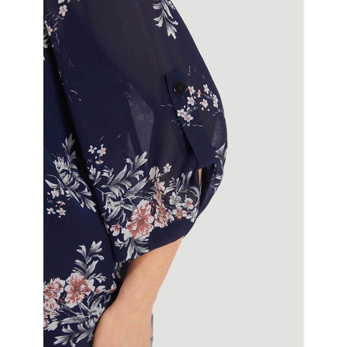 Plus Size Black Floral Print Knot Neck Mesh Tab Sleeve Blouse Women Elegant Elbow-length sleeve Tie Neck Dailywear Blouses BloomChic 10/M Product Image