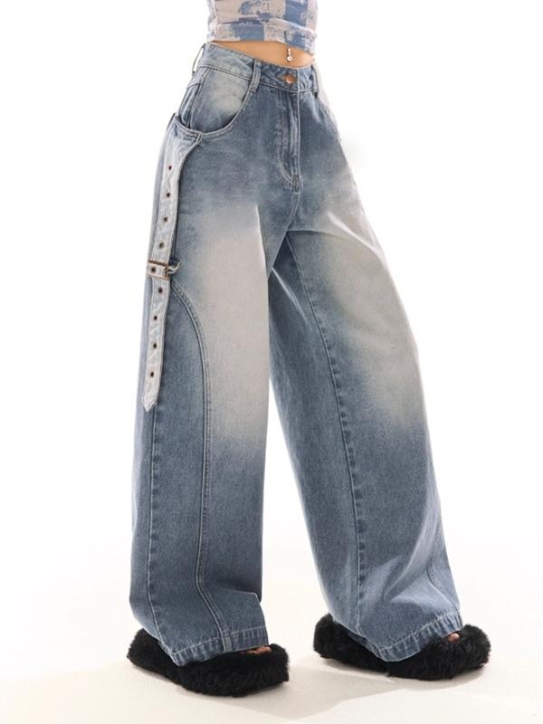 Vintage Wash Belted Decor Boyfriend Jeans Product Image