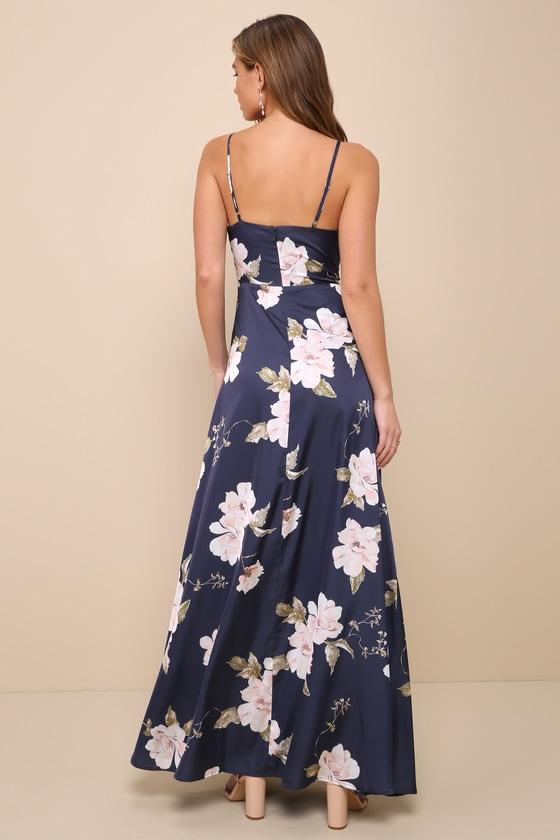 Radiant Occasion Navy Blue Floral Satin A-Line Maxi Dress Product Image