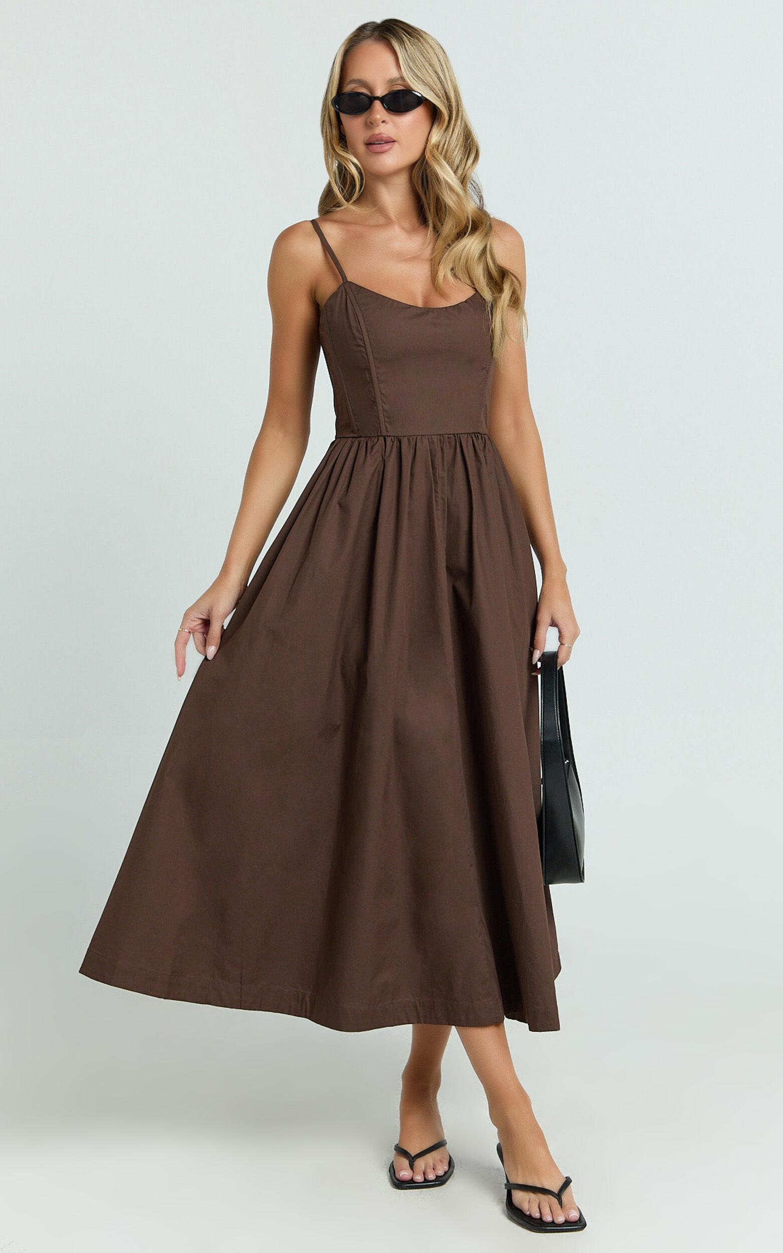 Braelyn Midi Dress - Scoop Neck Flare Dress in Chocolate Product Image