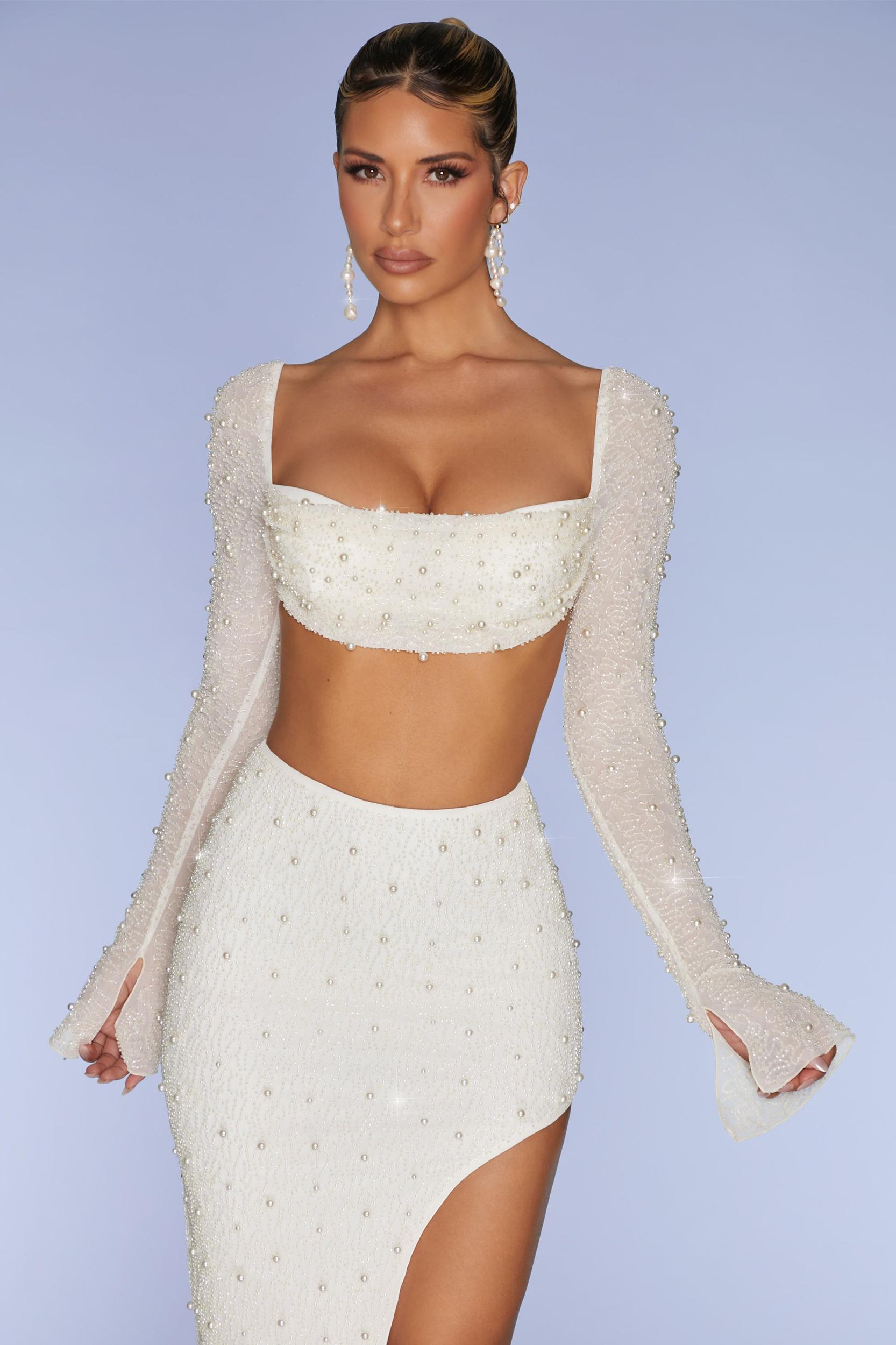 Embellished Cowl Neck Crop Top in Ivory Product Image