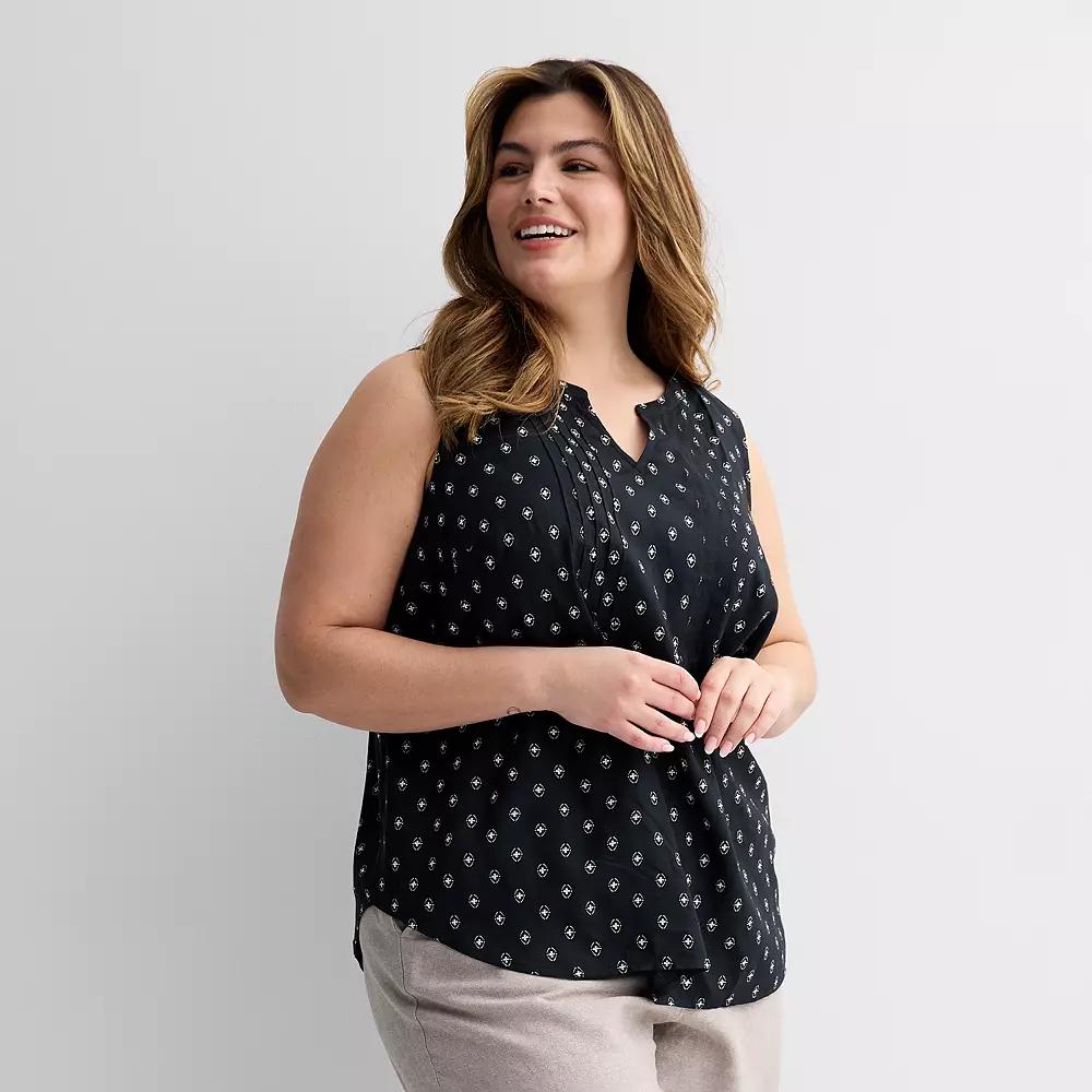 Plus Size Croft & Barrow® Pintuck Sleeveless Shell Top, Women's, Size: 0X, Black Small Geo Product Image