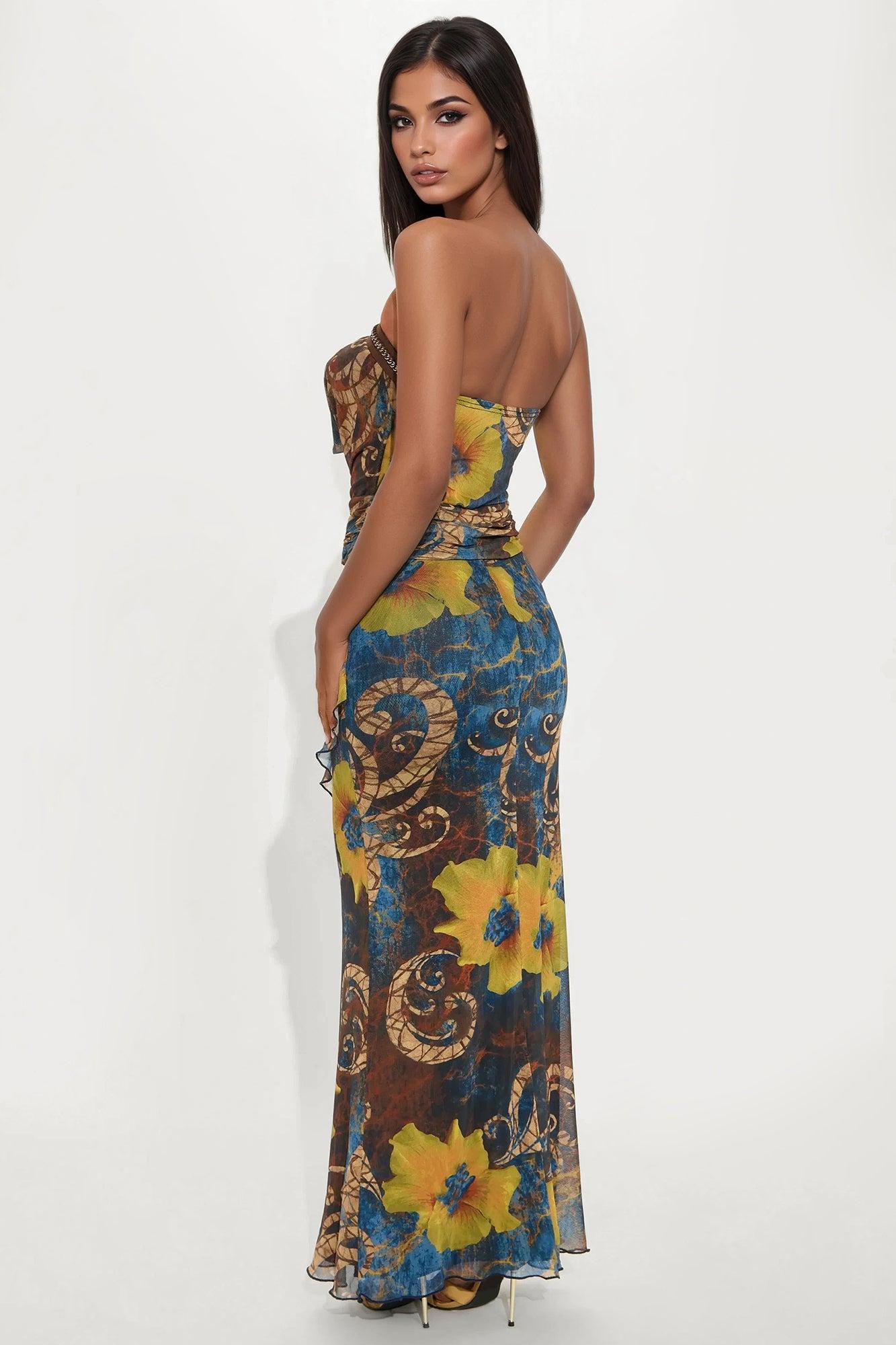 Hallie Floral Mesh Cowl Neck Maxi Dress - Blue/combo Female Product Image