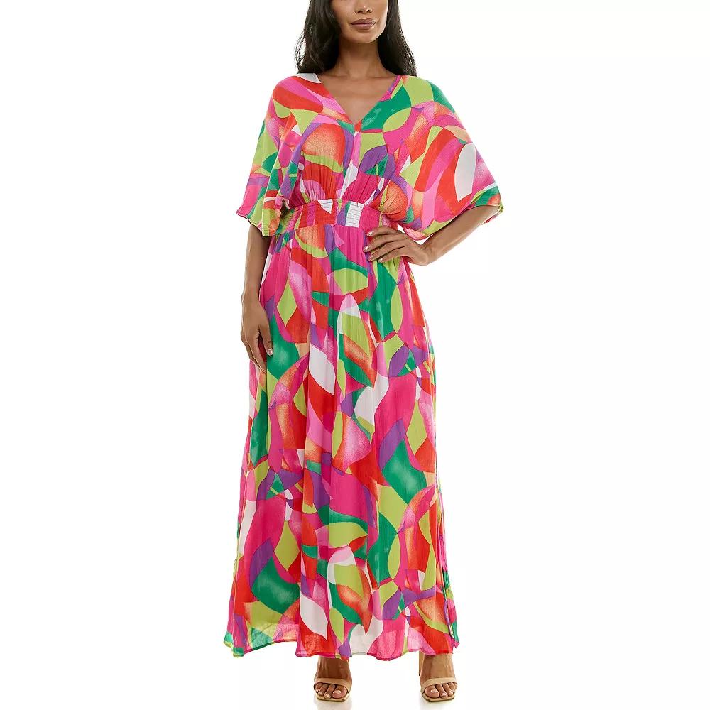 Women's Nina Leonard Print Smocked-Waist Maxi Dress, Size: Medium, Pink Team Product Image