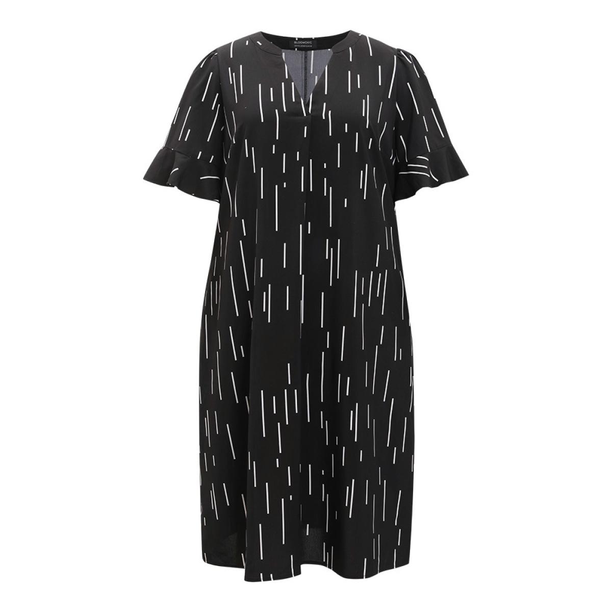 Plus Size Line Print Notched Bell Sleeve Ruffle Hem Dress Black Women Office Plain Notched collar Half Sleeve Curvy Midi Dress BloomChic 18-20/2X Product Image