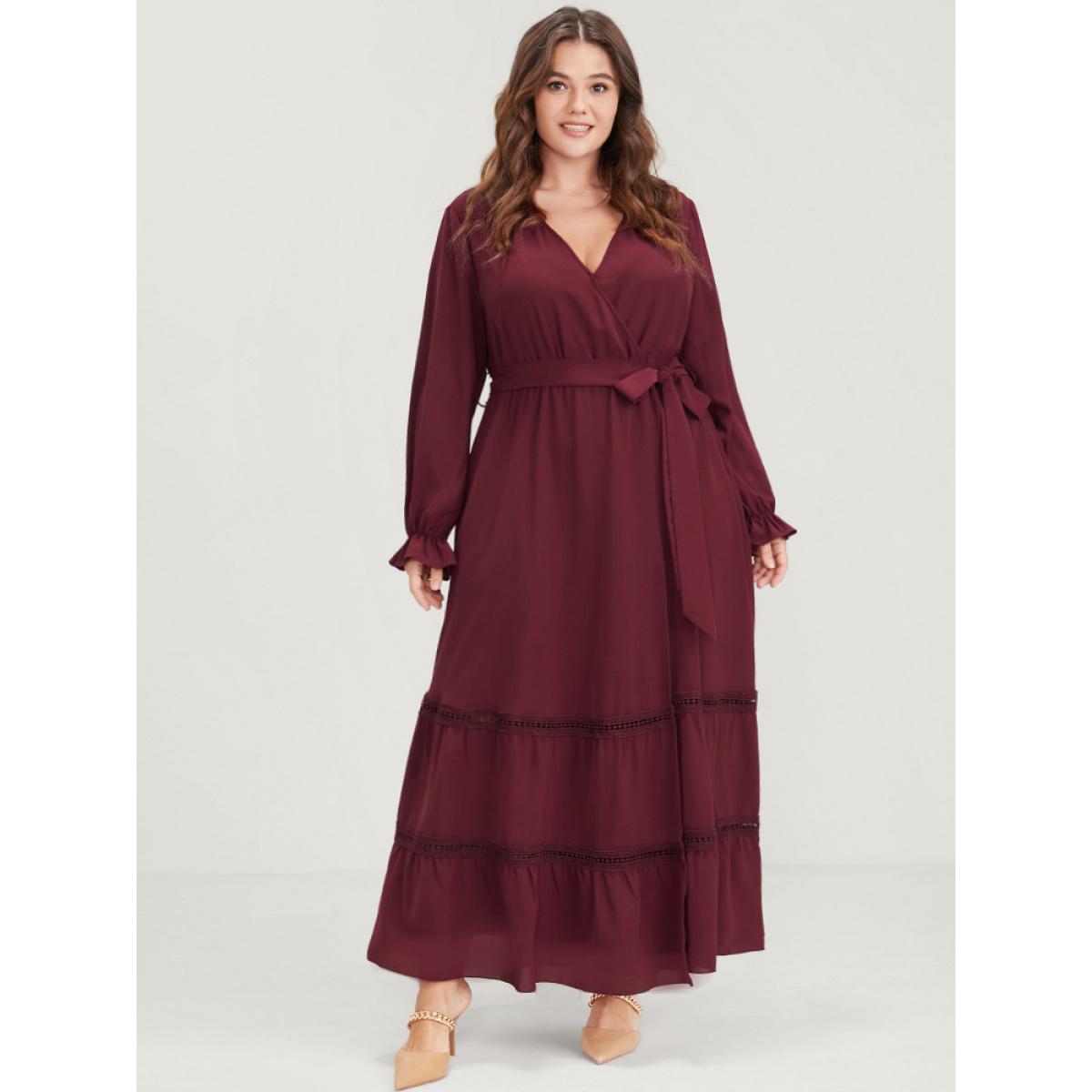 Plus Size Solid Lantern Sleeve Crochet Lace Button Ties Belted Maxi Dress Burgundy Women Elegant Plain V-neck Long Sleeve Curvy Long Dress BloomChic 30/6X Product Image
