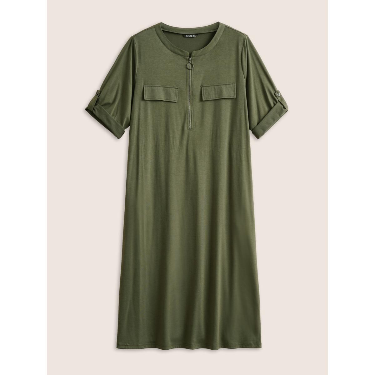 Plus Size Plain Half Zip Flap Detail Tab Sleeve Dress ArmyGreen Women At the Office Non Notched collar Elbow-length sleeve Curvy Midi Dress BloomChic 14-16/1X Product Image