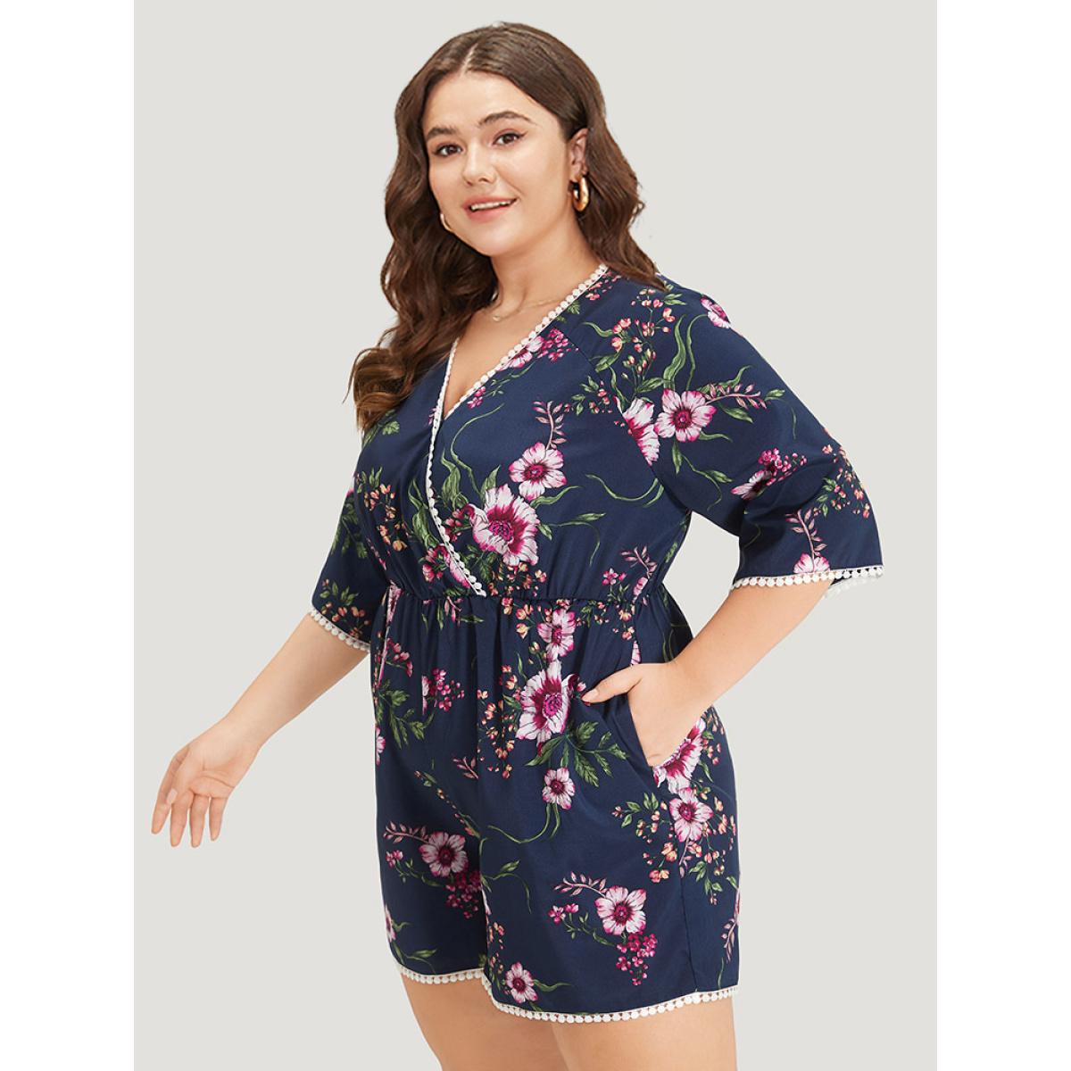 Plus Size DarkBlue Floral Print Overlap Collar Contrast Trim Pocket Jumpsuit Women Vacation Elbow-length sleeve V-neck Dailywear Loose Jumpsuits BloomChic 18-20/2X Product Image