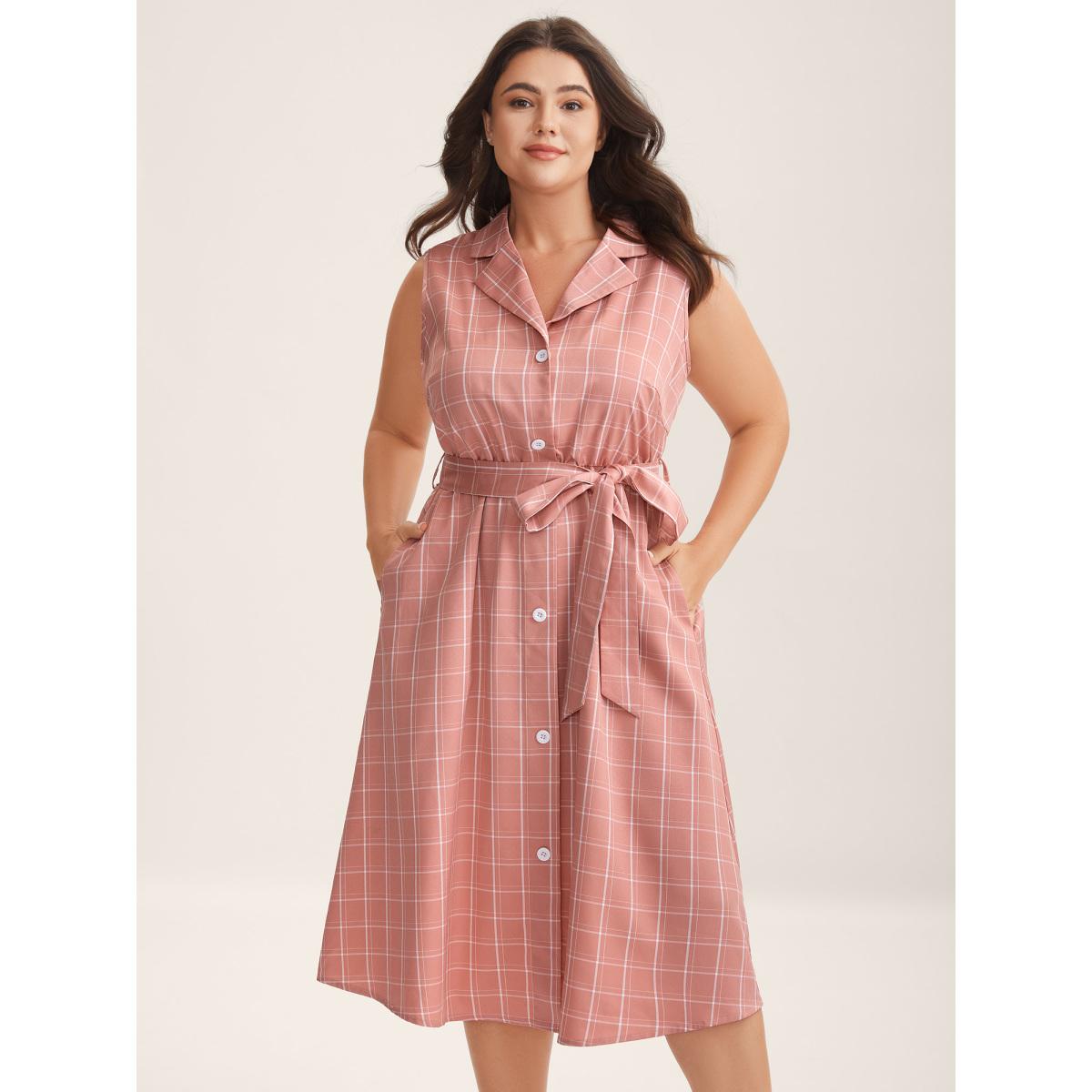 Plus Size Plaid Belted Pockets Shirt Dress Watermelon Women Suit Collar Sleeveless Curvy BloomChic 22-24/3X Product Image