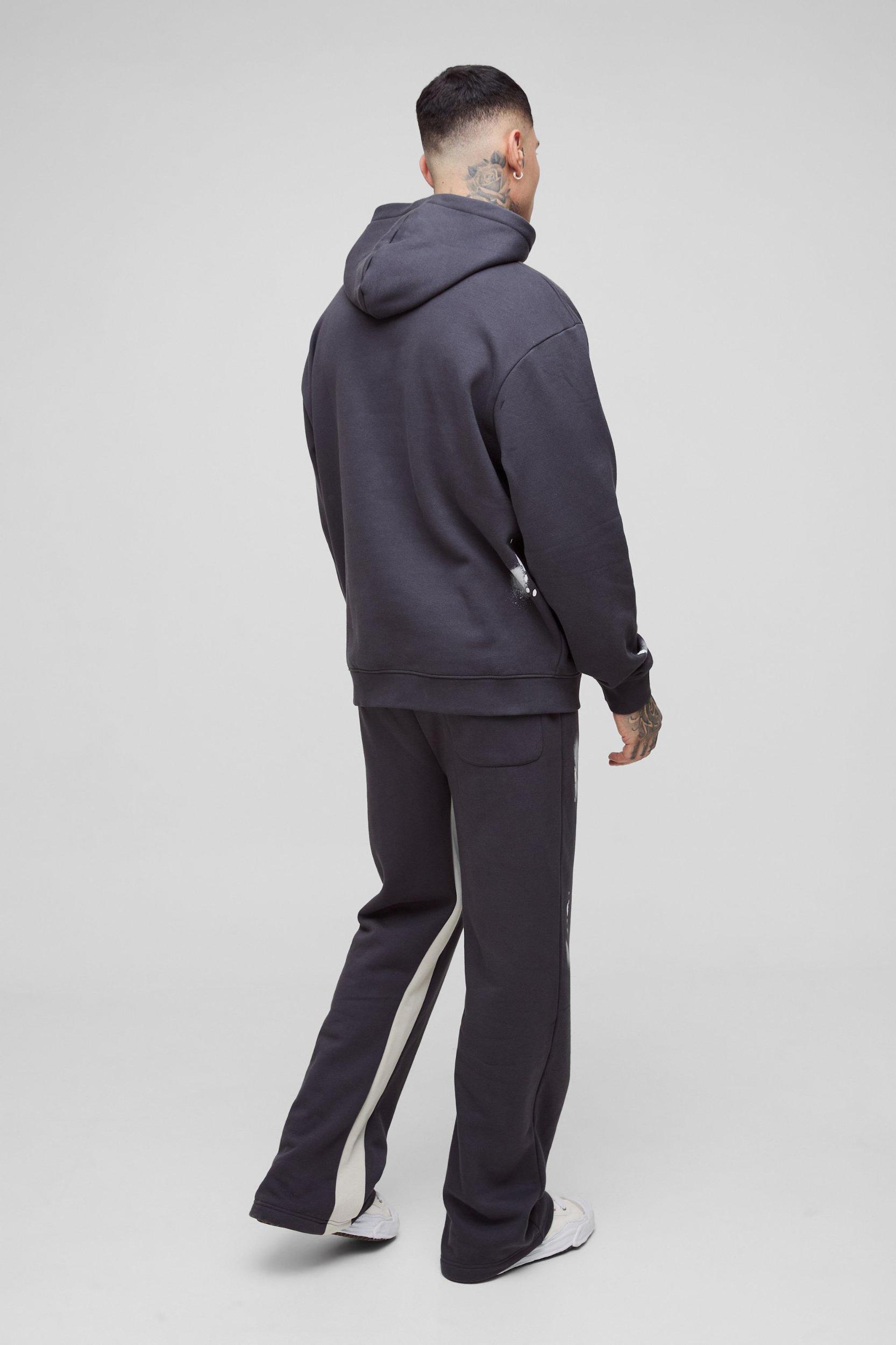 Tall Oversized Man Paint Splatter Hooded Relaxed Flare Tracksuit | boohooMAN USA Product Image