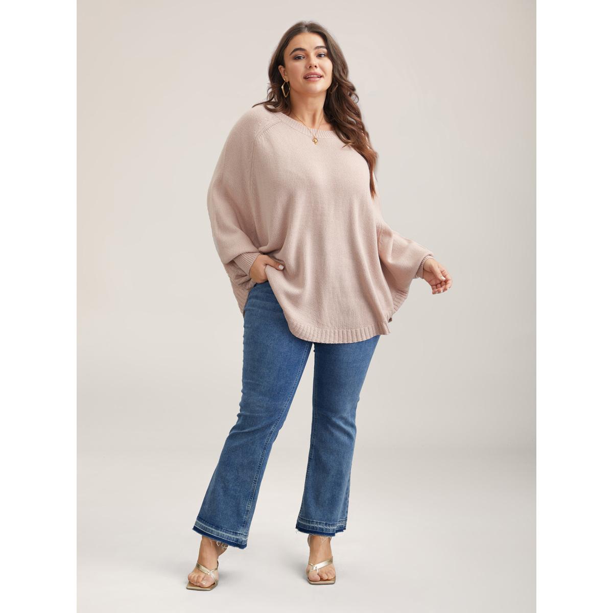 Plus Size Bat Sleeve Curved Hem Pullover MistyRose Women Casual Loose Long Sleeve Round Neck Everyday Pullovers BloomChic 12/L Product Image