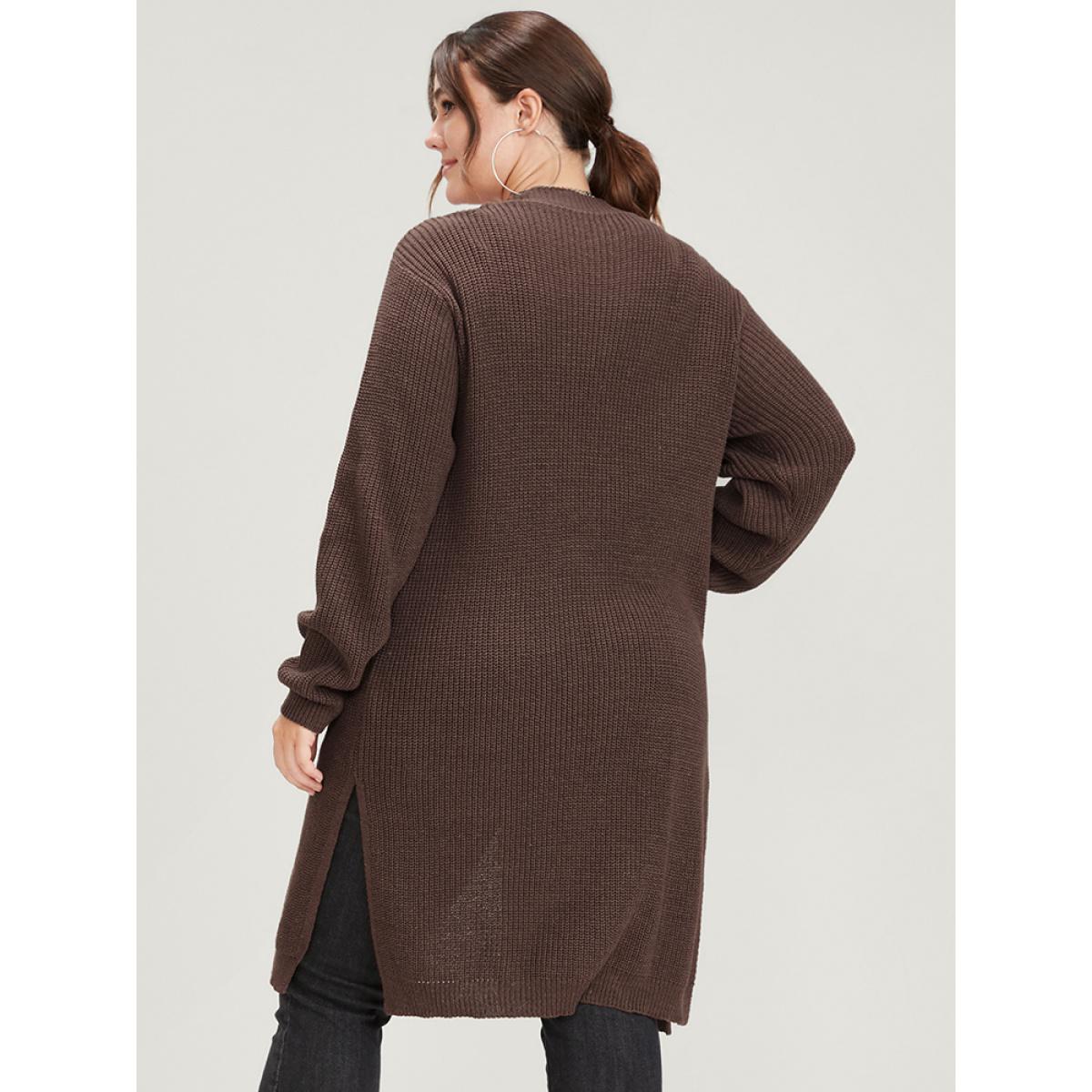 Plus Size Plain Pointelle Knit Split Hem Pocket Button Front Long Cardigan DarkBrown Women Casual Loose Long Sleeve Dailywear Cardigans BloomChic 14-16/1X Product Image