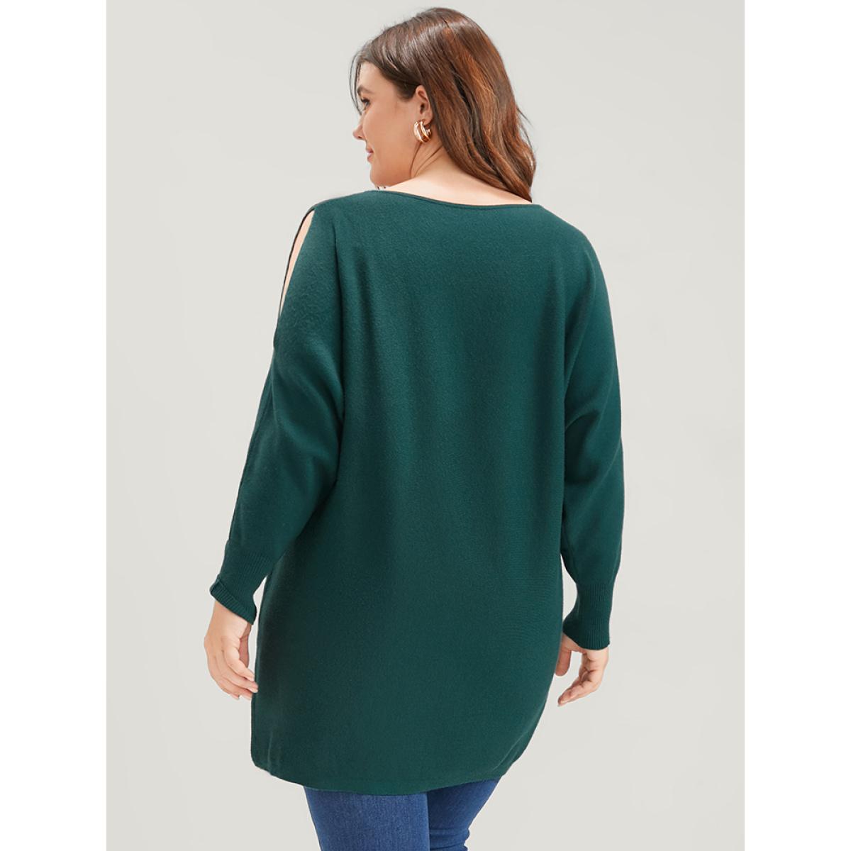 Plus Size Solid Soft Sexy Yarn Knit Dolman Sleeve Cold Shoulder Knit Top Cyan Women Elegant Loose Long Sleeve Scoop Neck Dailywear Pullovers BloomChic 18-20/2X Product Image