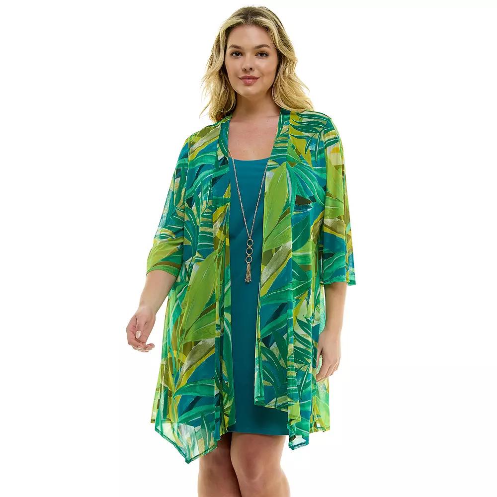 Plus Size Luxology 2-Piece 3/4 Sleeve Cardigan & Dress Set, Women's, Size: 1XL, Blue Green Lime Product Image