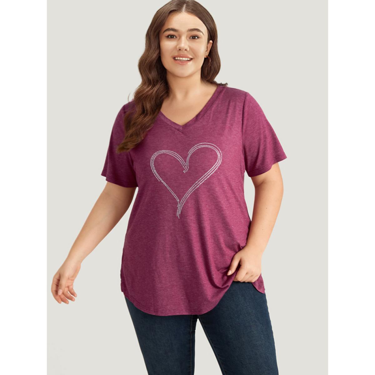 Plus Size Solid Heart Rhinestone V Neck T-shirt RedViolet Women Casual Plain Heart Print Dailywear T-shirts BloomChic 10/M Product Image
