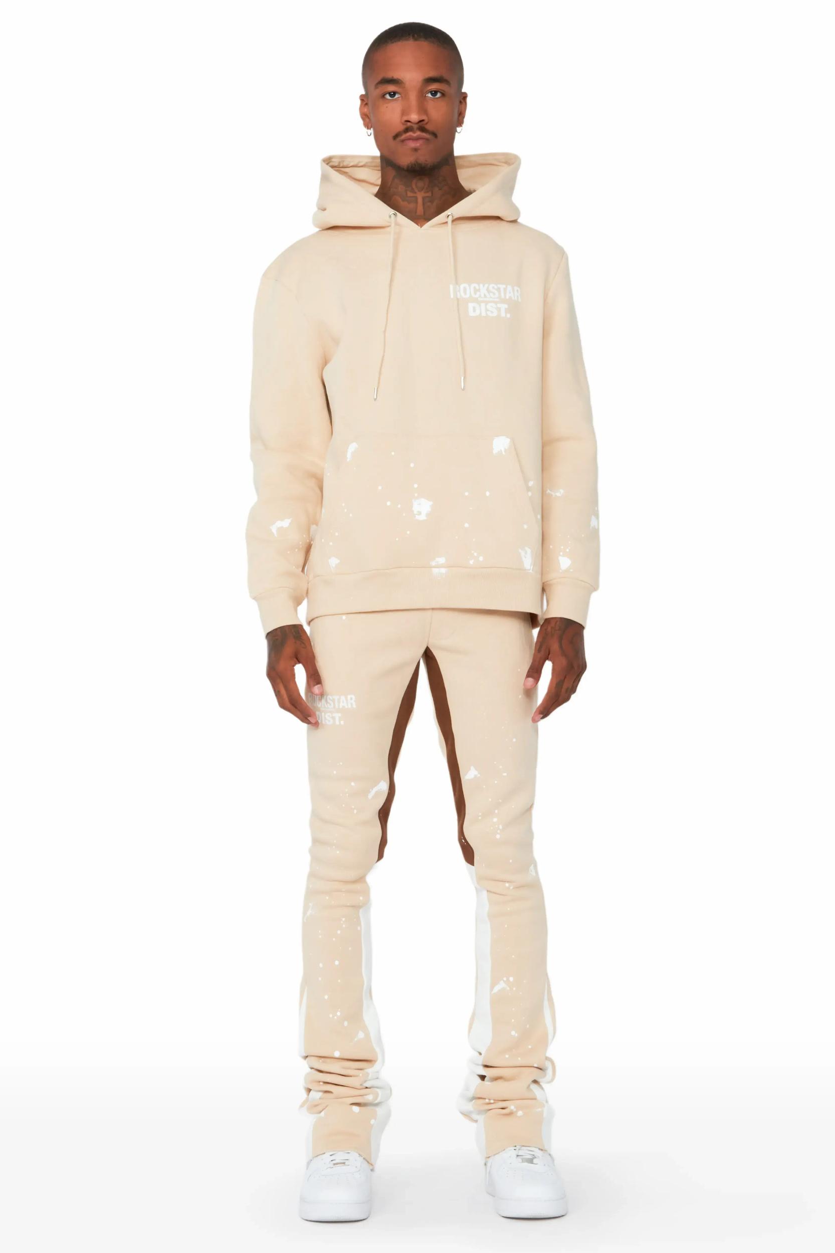 Raffer Beige/White Hoodie/Super Stacked Flare Pant Set Male Product Image