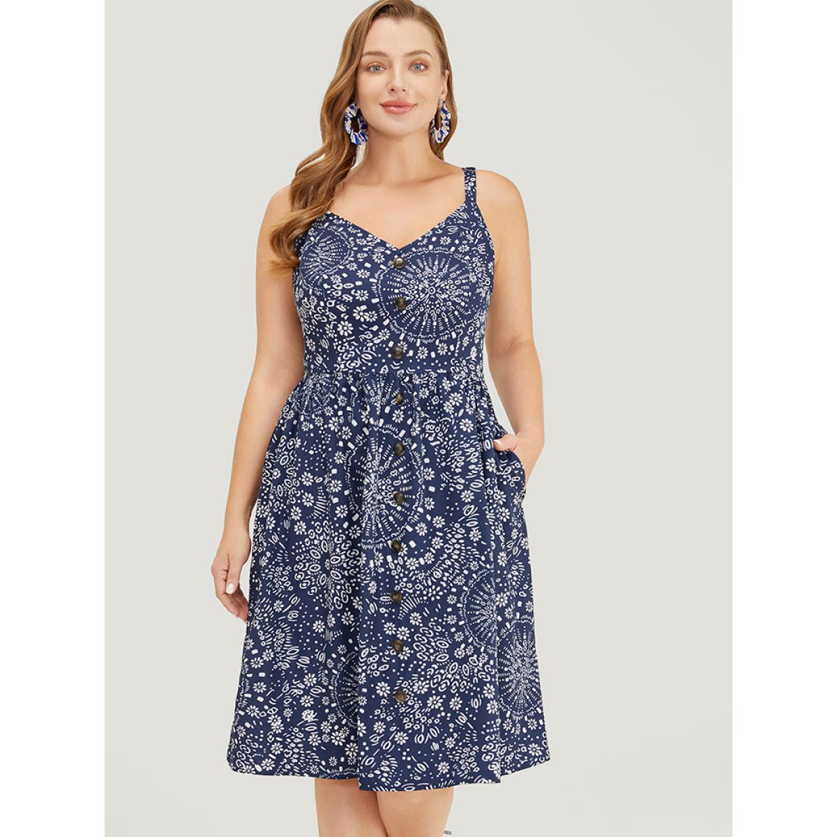 Plus Size Moroccan Print Pocket Button Detail Cami Dress Indigo Women Vacation Adjustable Straps V-neck Sleeveless Curvy Knee Dress BloomChic 12/L Product Image
