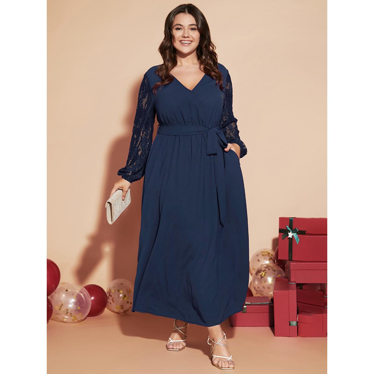 Plus Size Solid Wrap Pocket Lantern Sleeve Lace Belted Maxi Dress DarkBlue Women Elegant V-neck Long Sleeve Curvy Long Dress BloomChic 26/4X Product Image