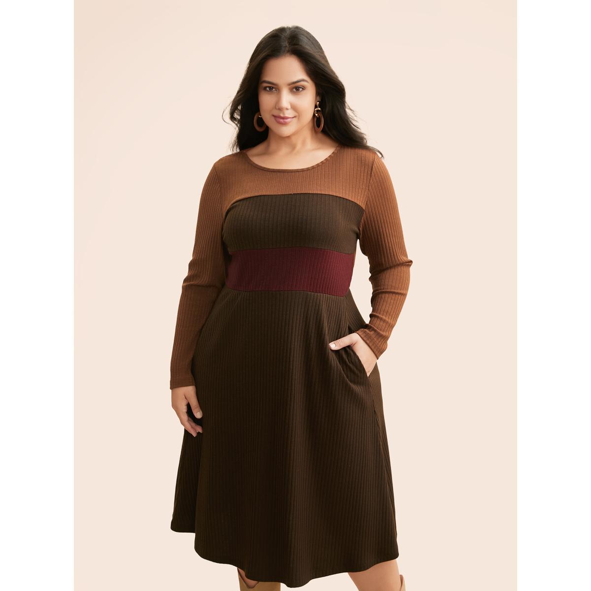 Plus Size Colorblock Contrast Textured Pocket Dress Browncoffeecolor Women Casual Texture Round Neck Long Sleeve Curvy BloomChic 18-20/2X Product Image