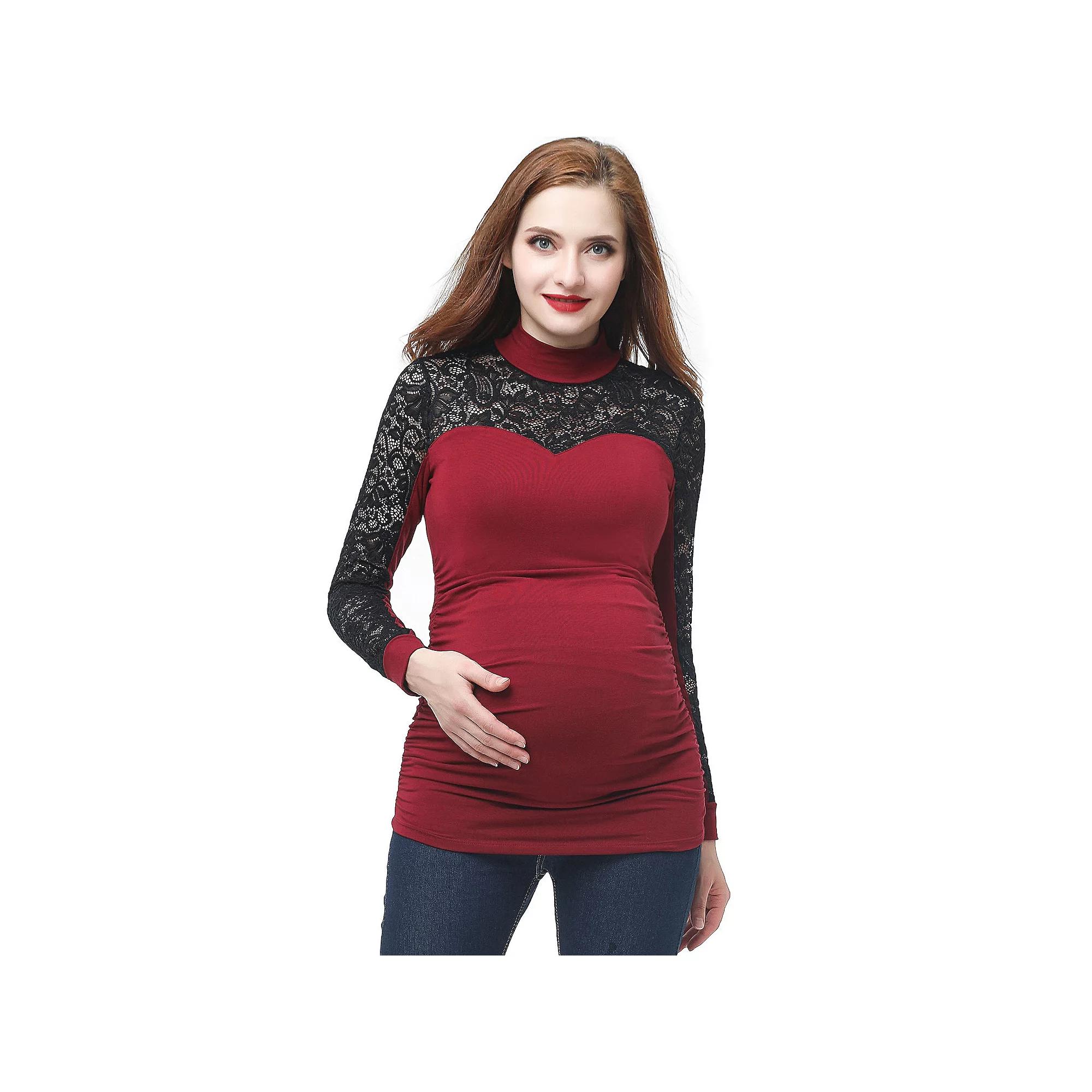 Maternity Pokkori Mockneck Lace Panel Top, Womens Red Product Image