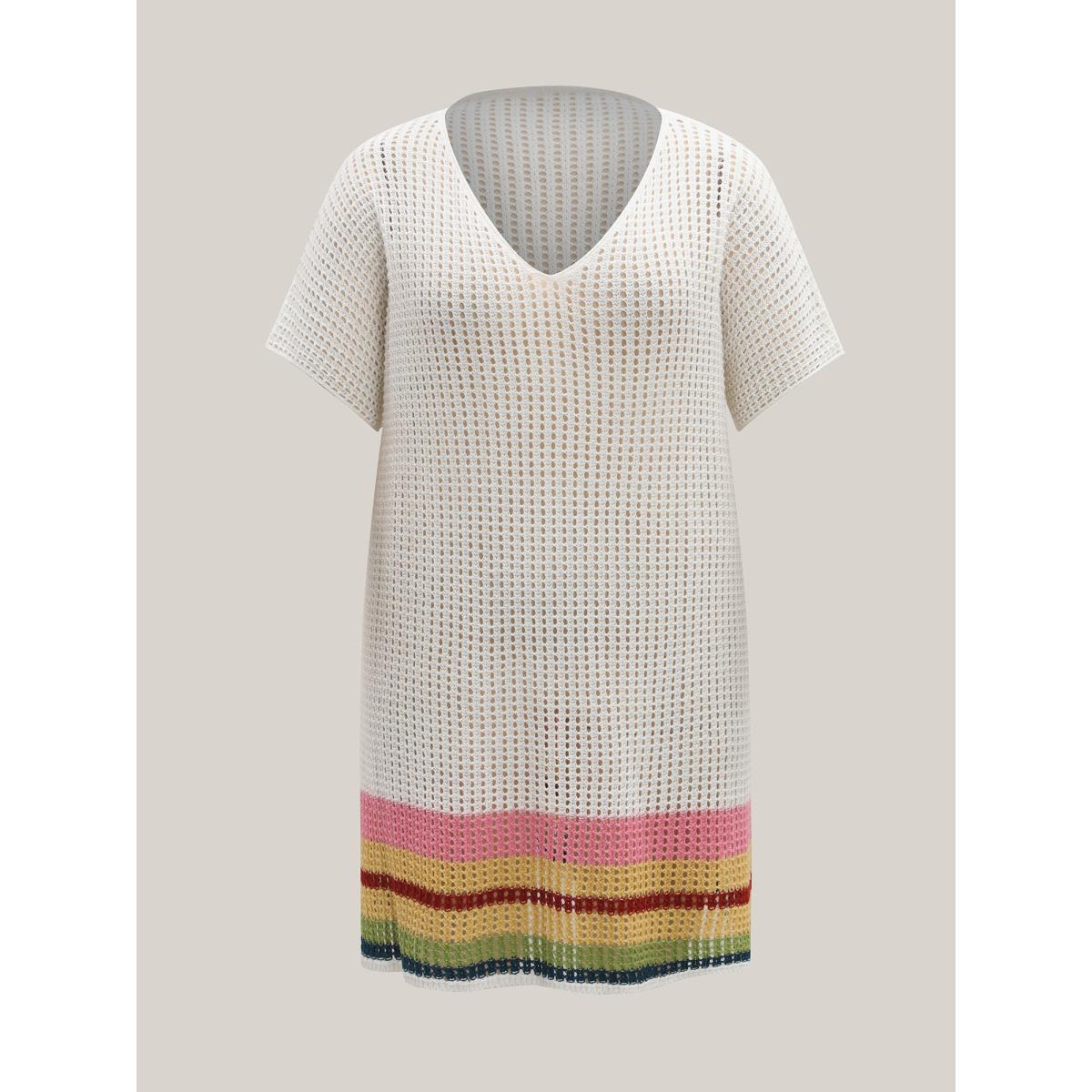 Plus Size Striped Hem Cut-Out Slit Swim Cover-Up Women's Swimwear Ivory Beach Loose Texture Curve Swim Cover Ups BloomChic 30/6X Product Image