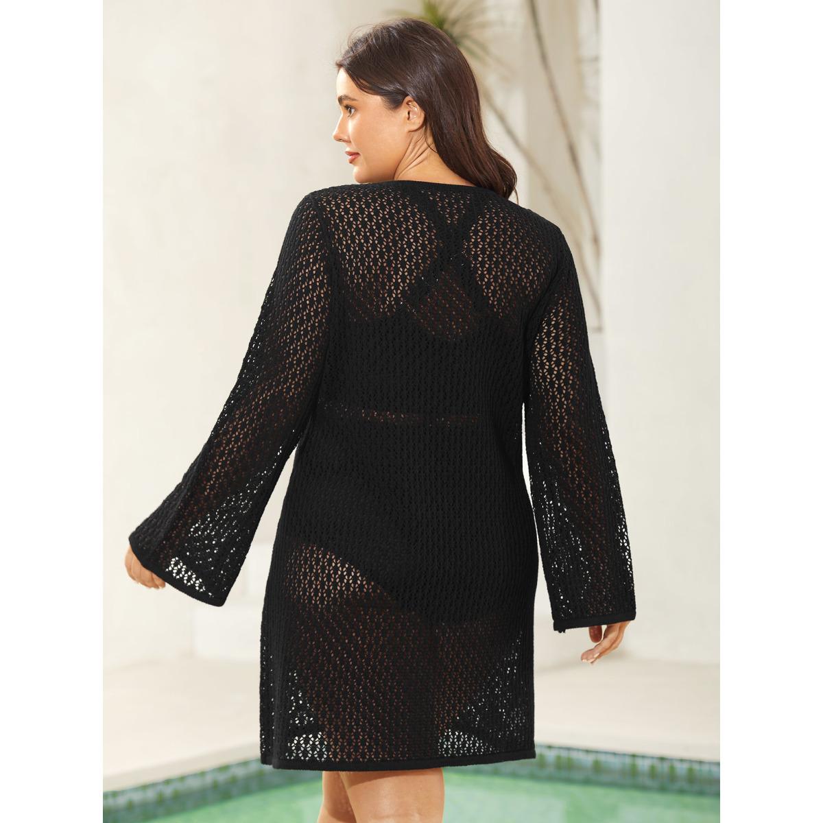 Plus Size Split Neck Beaded Cut-Out Swim Cover-Up Women's Swimwear Black Beach Loose Texture Curve Swim Cover Ups BloomChic 28/5X Product Image