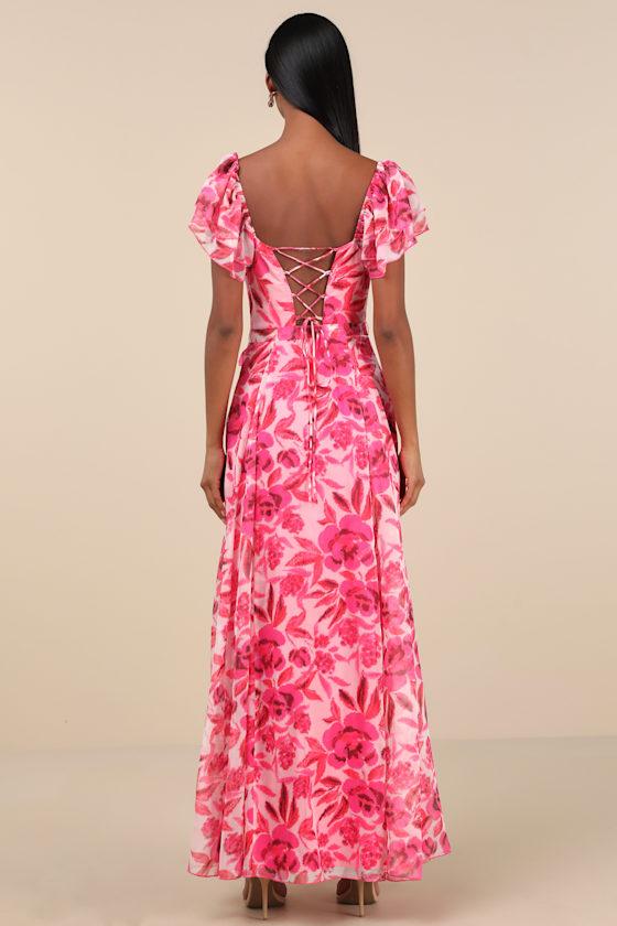 Sensationally Sweeter Bright Pink Floral Ruffled Maxi Dress Product Image