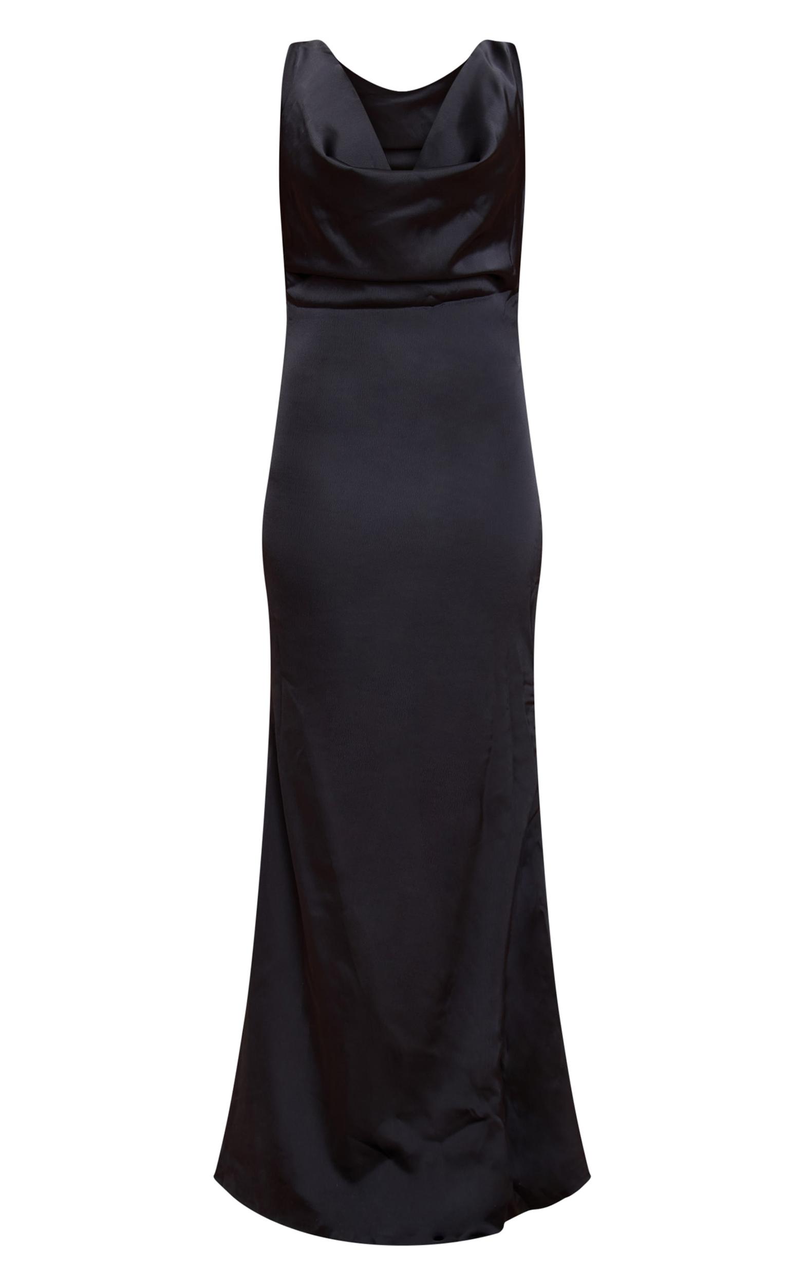 Black Bridesmaid Satin Cowl Neck Maxi Dress Product Image