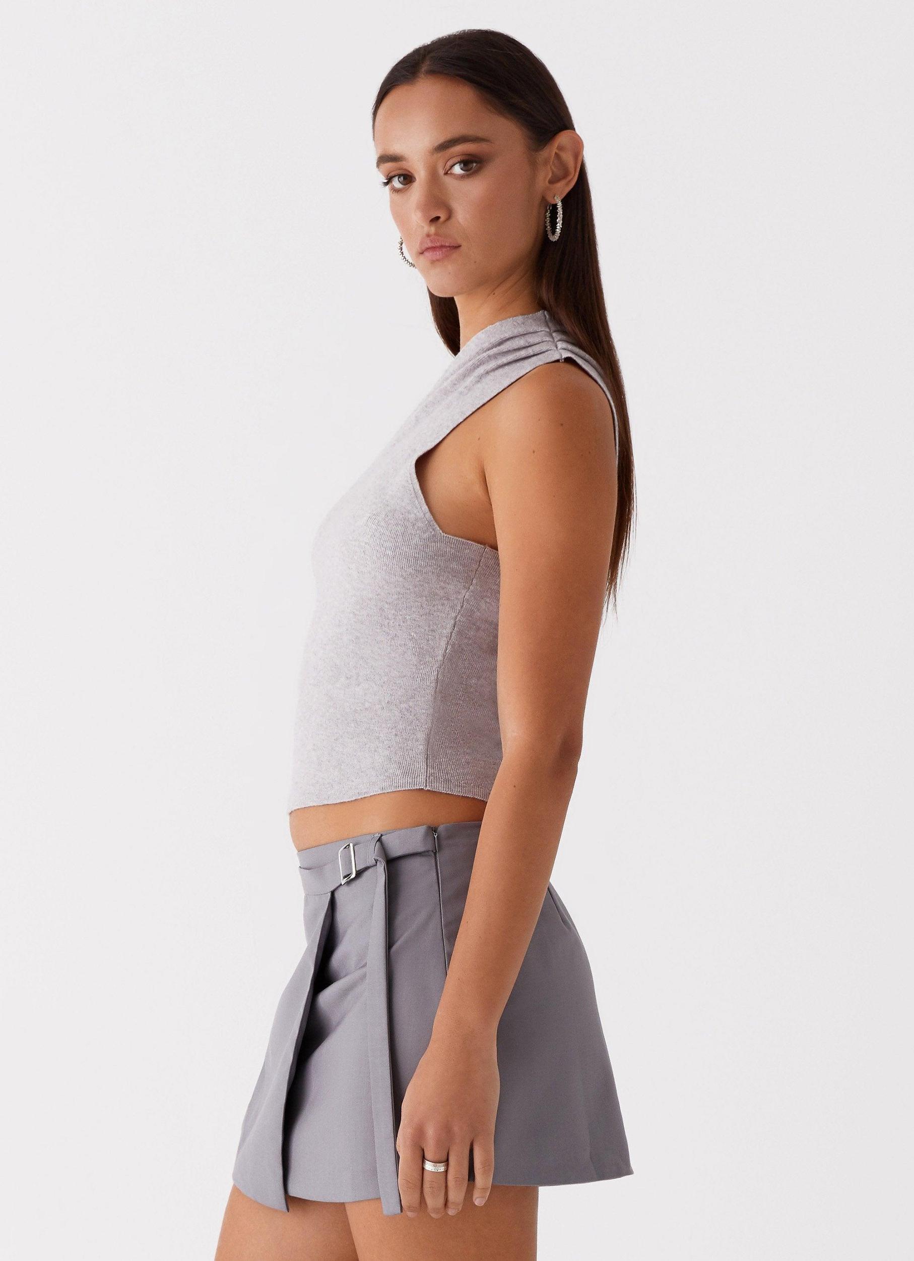 Indy One Shoulder Knit Top - Grey Product Image