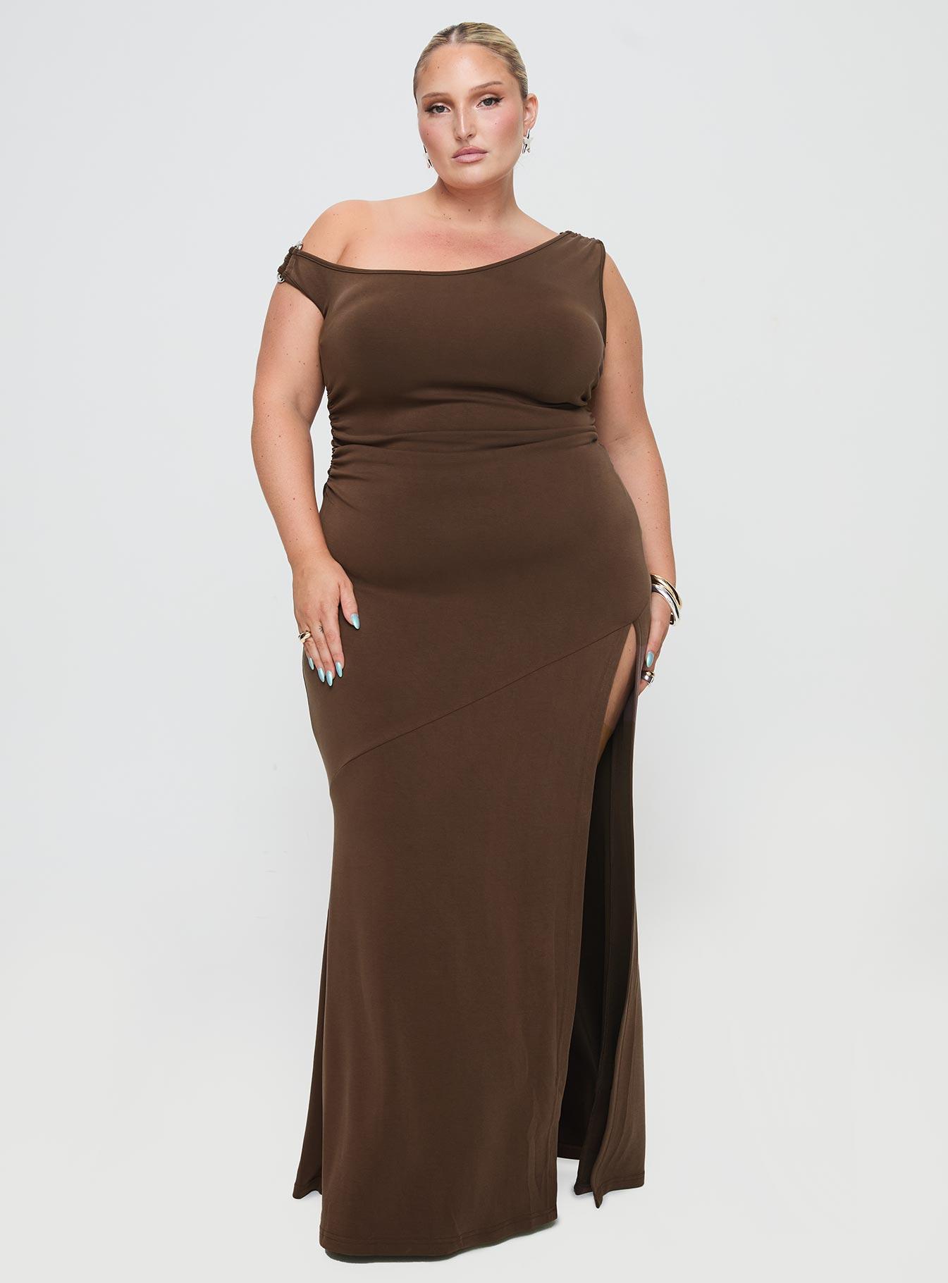 Rios One Shoulder Maxi Dress Brown Curve Product Image
