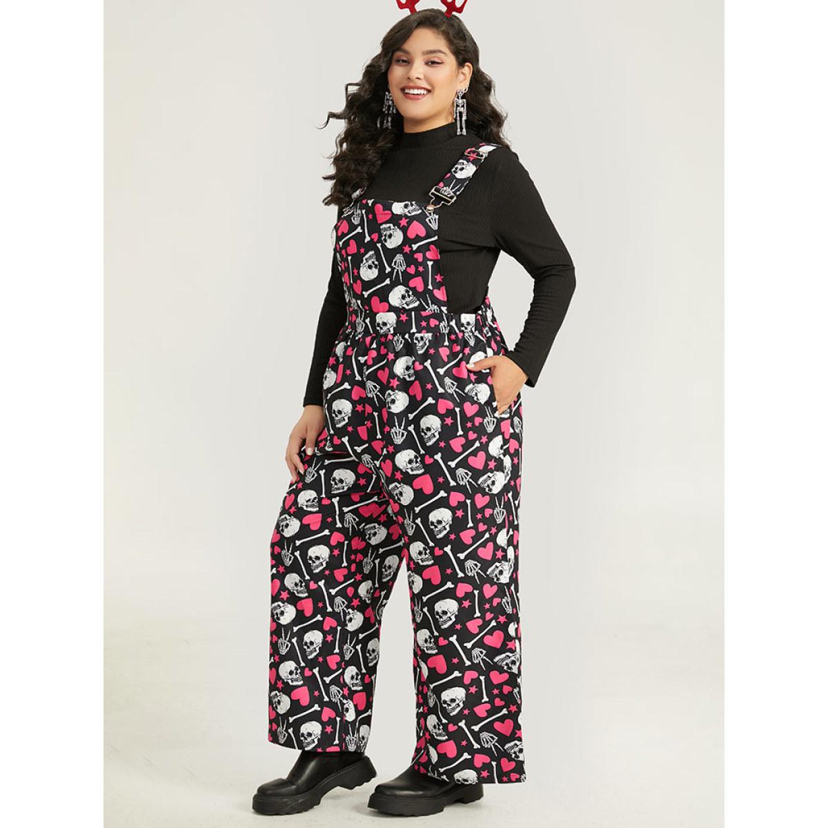 Plus Size Black Halloween Skull &Heart Print Pocket Gathered Jumpsuit Women Casual Sleeveless Spaghetti Strap Festival-Halloween Loose Jumpsuits BloomChic 18-20/2X Product Image