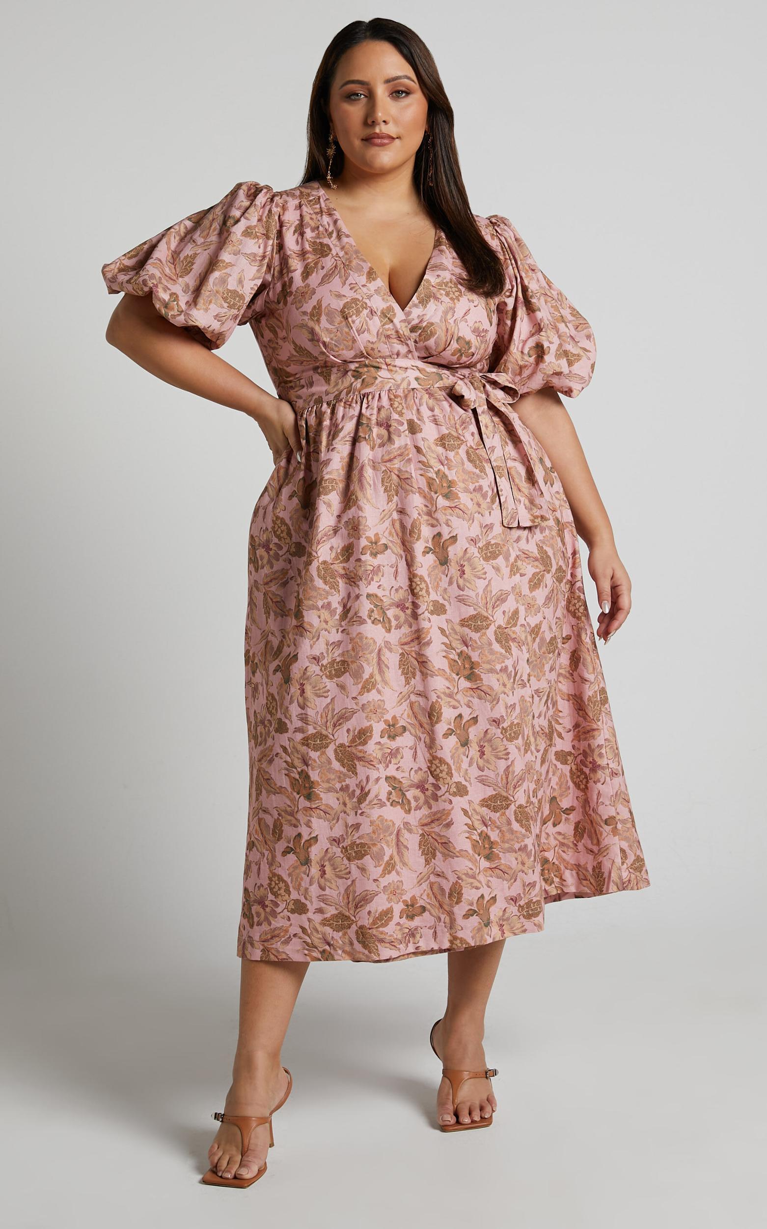 Amalie The Label - Franc Linen Puff Sleeve Wrap Midi Linen Dress in Vahala Print Product Image