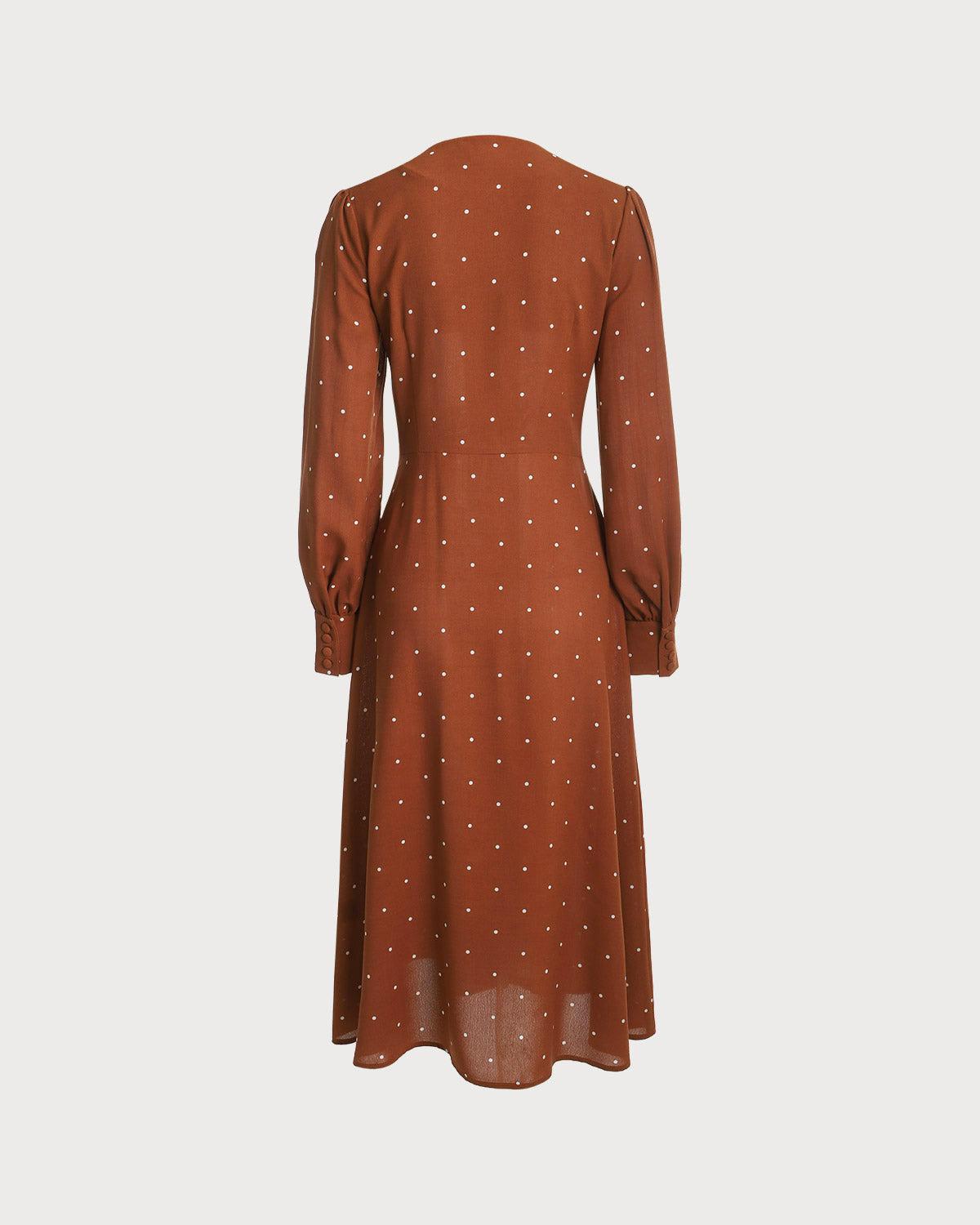 Brown Polka Dot Pleated Midi Dress Female Product Image