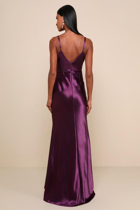 Make You Shine Dark Purple Satin Mermaid Maxi Dress Product Image