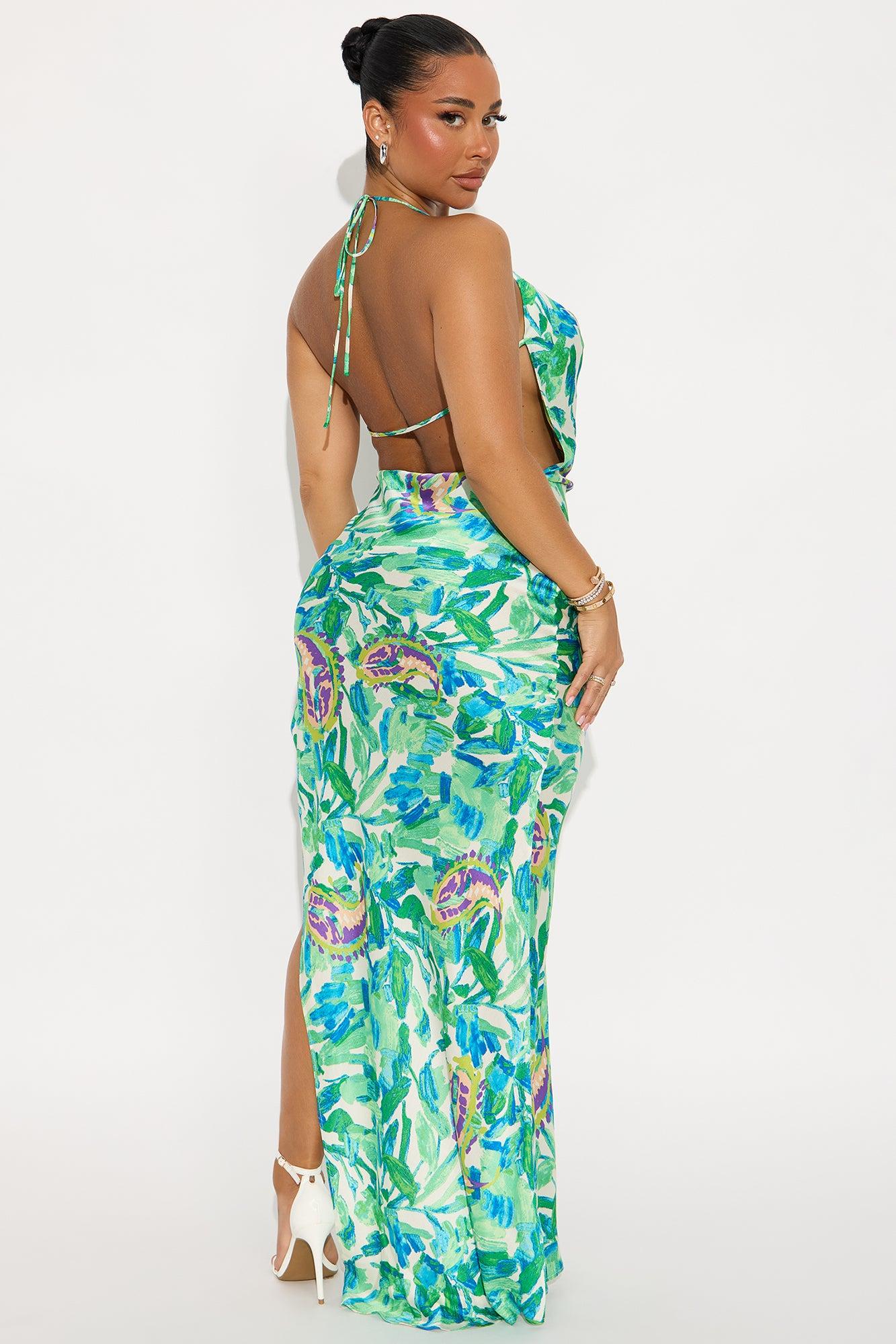 Vanessa Cowl Neck Satin Maxi Dress - Green/combo Female Product Image
